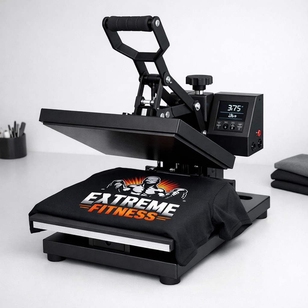 Professional heat press machine creating custom sublimation shirts with no minimum order requirements.