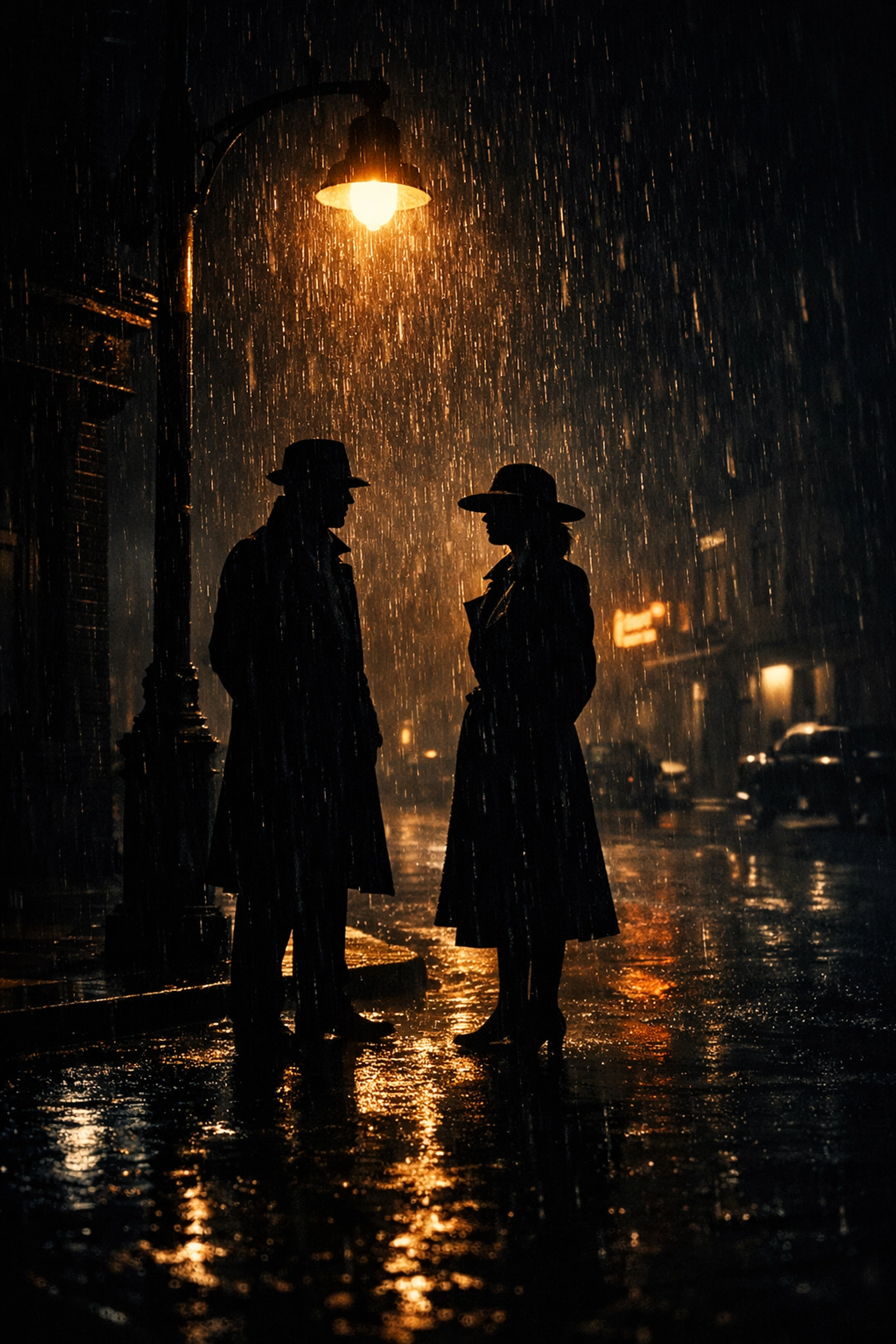 Noir cinematic scene of figures in the rain, illustrating dramatic storytelling trends in Hollywood.