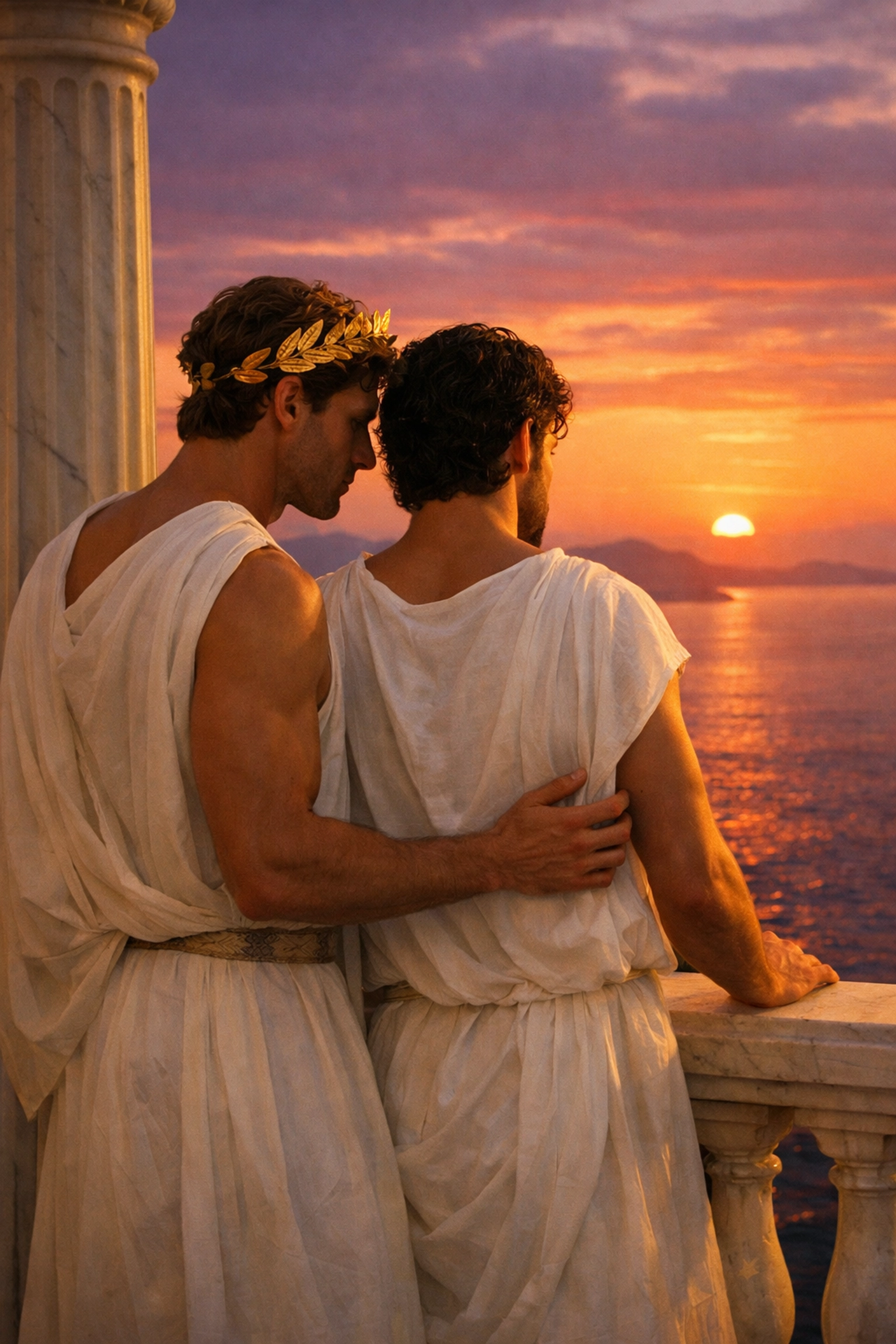 Two men in ancient Greek tunics sharing a romantic moment on a balcony overlooking the sea at sunset.