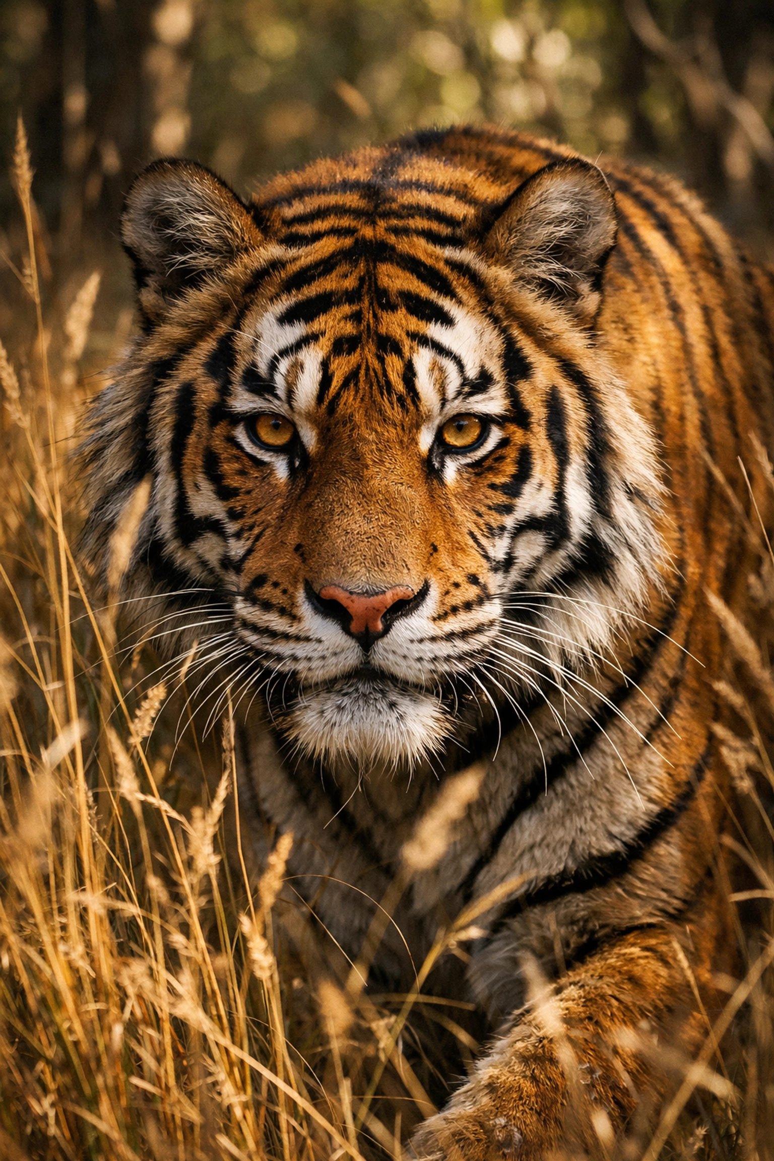Close-up portrait of a Bengal tiger in tall grass for wildlife conservation storytelling.