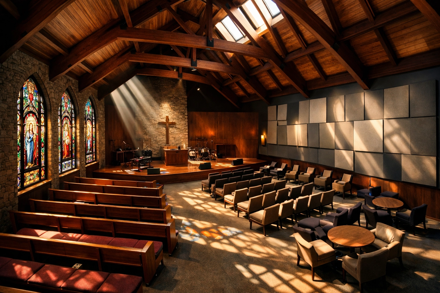 Modern worship sanctuary showing unique architectural features requiring custom AV solutions
