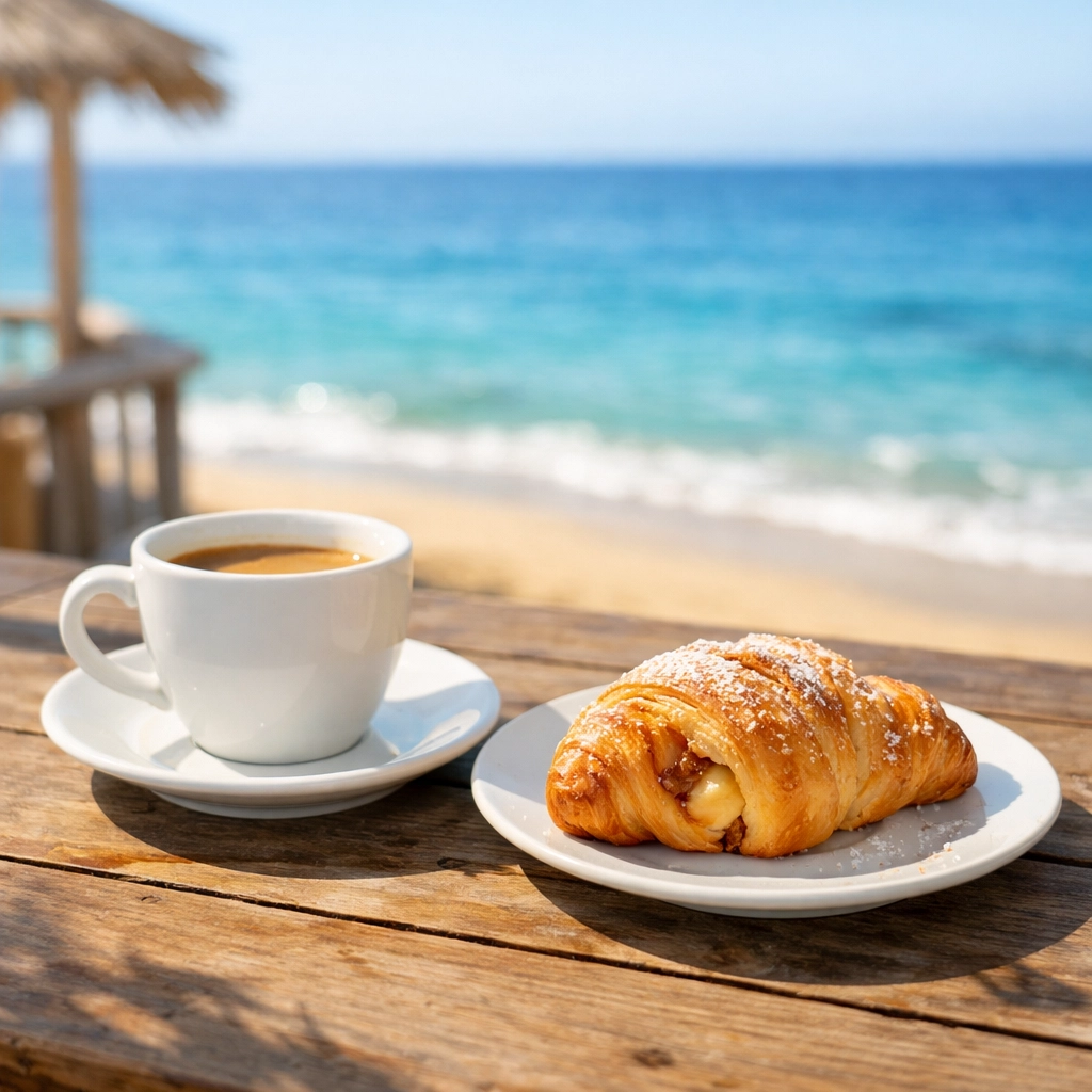 Breakfast with coffee and pastry on beachside terrace overlooking Porthtowan