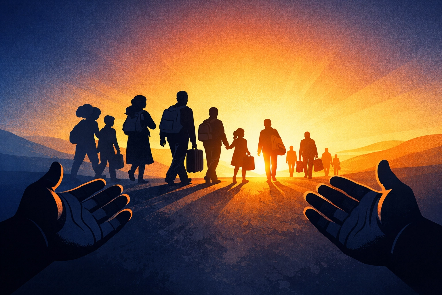 Welcoming hands reaching toward refugees and asylum seekers walking toward hope