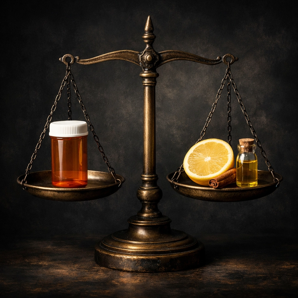 Scale balancing conventional medicine and organic ingredients for natural home remedies.