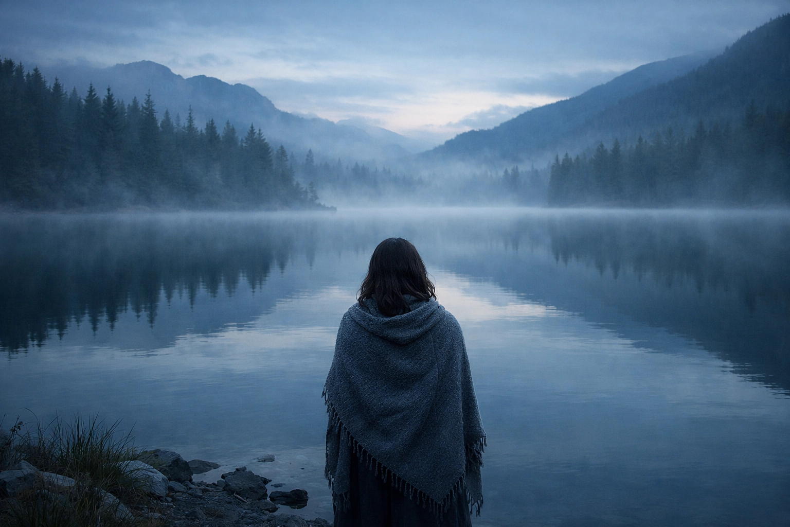 A woman standing by a misty lake at dawn, embracing the depth and stillness of the current moment.