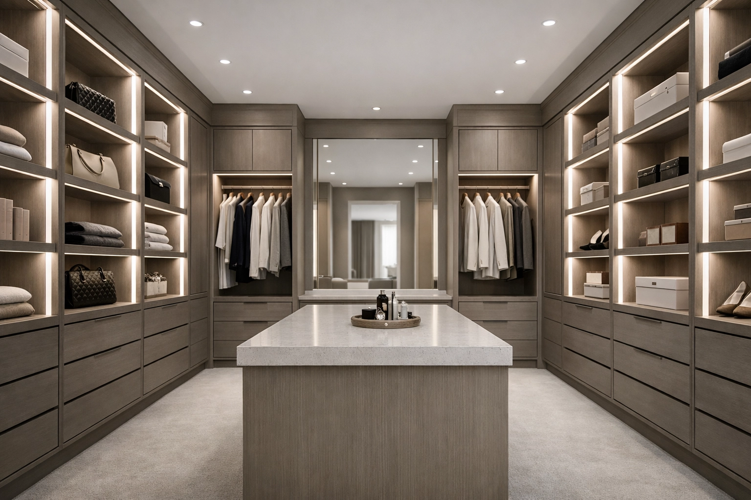 Custom cabinetry with integrated vertical linear LED lighting for a luxury home library and closet design.