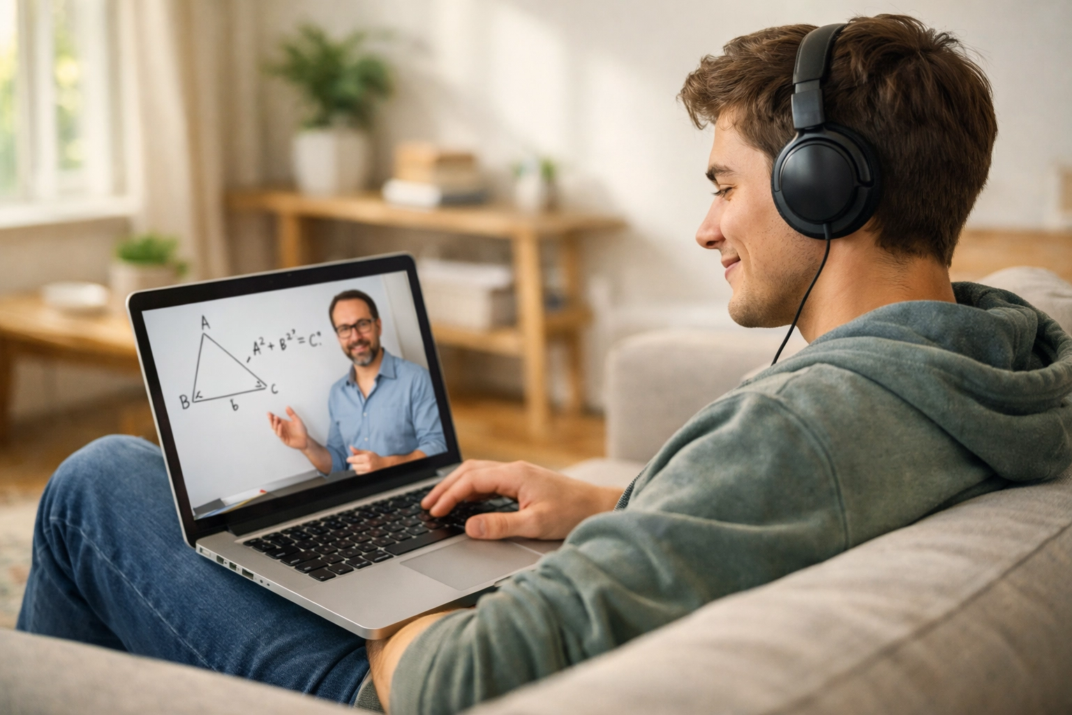 Student watching CLEP video lesson on laptop for self-paced test preparation (1x1, center safe zone)
