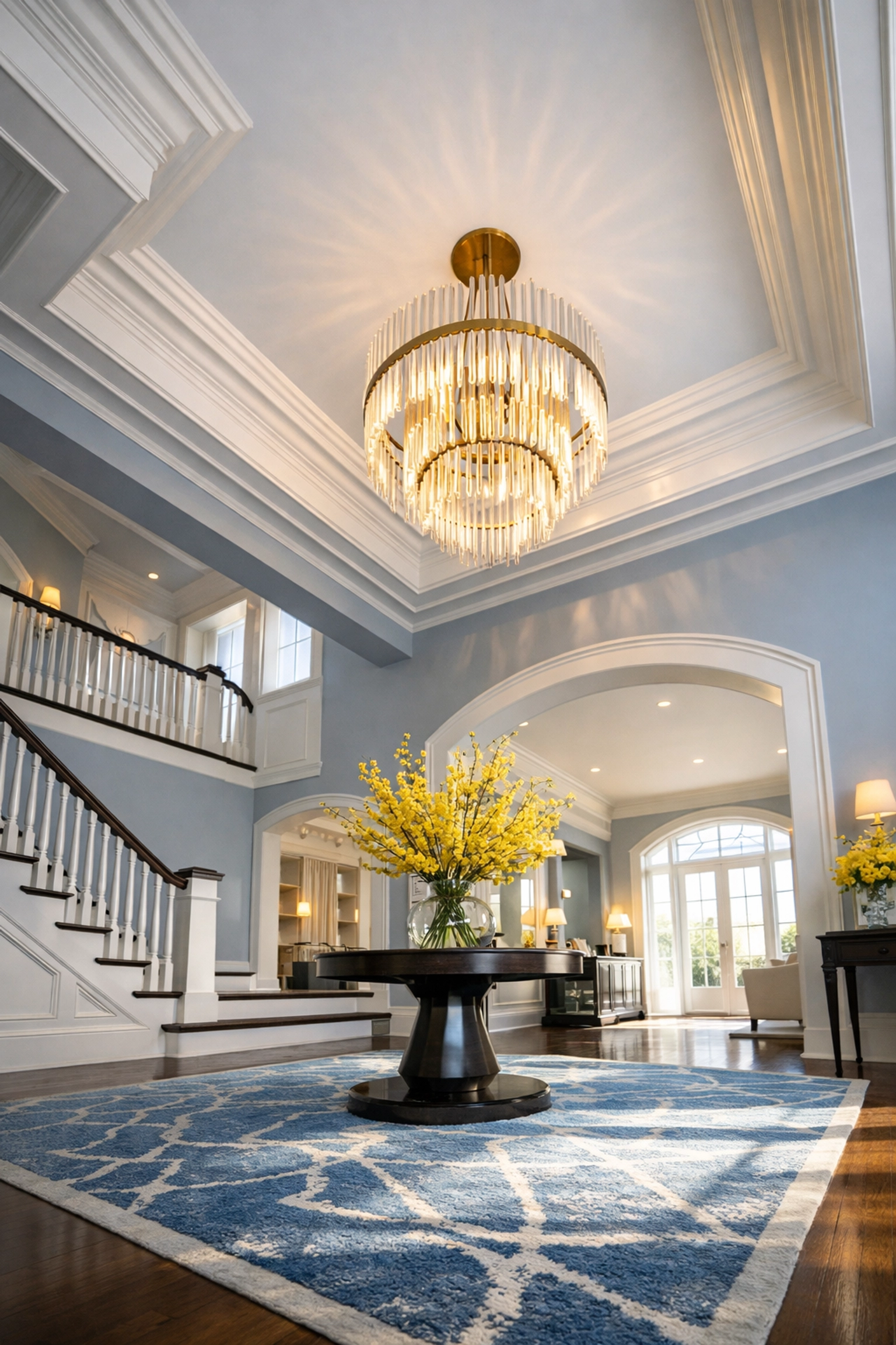 Expert luxury house cleaning of high-end crown molding and lighting in a Cohasset Harbor foyer.