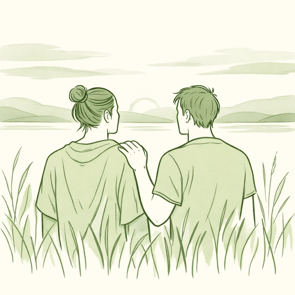 Illustration of two men in a peaceful landscape representing non-binary resilience and authentic self-identity.