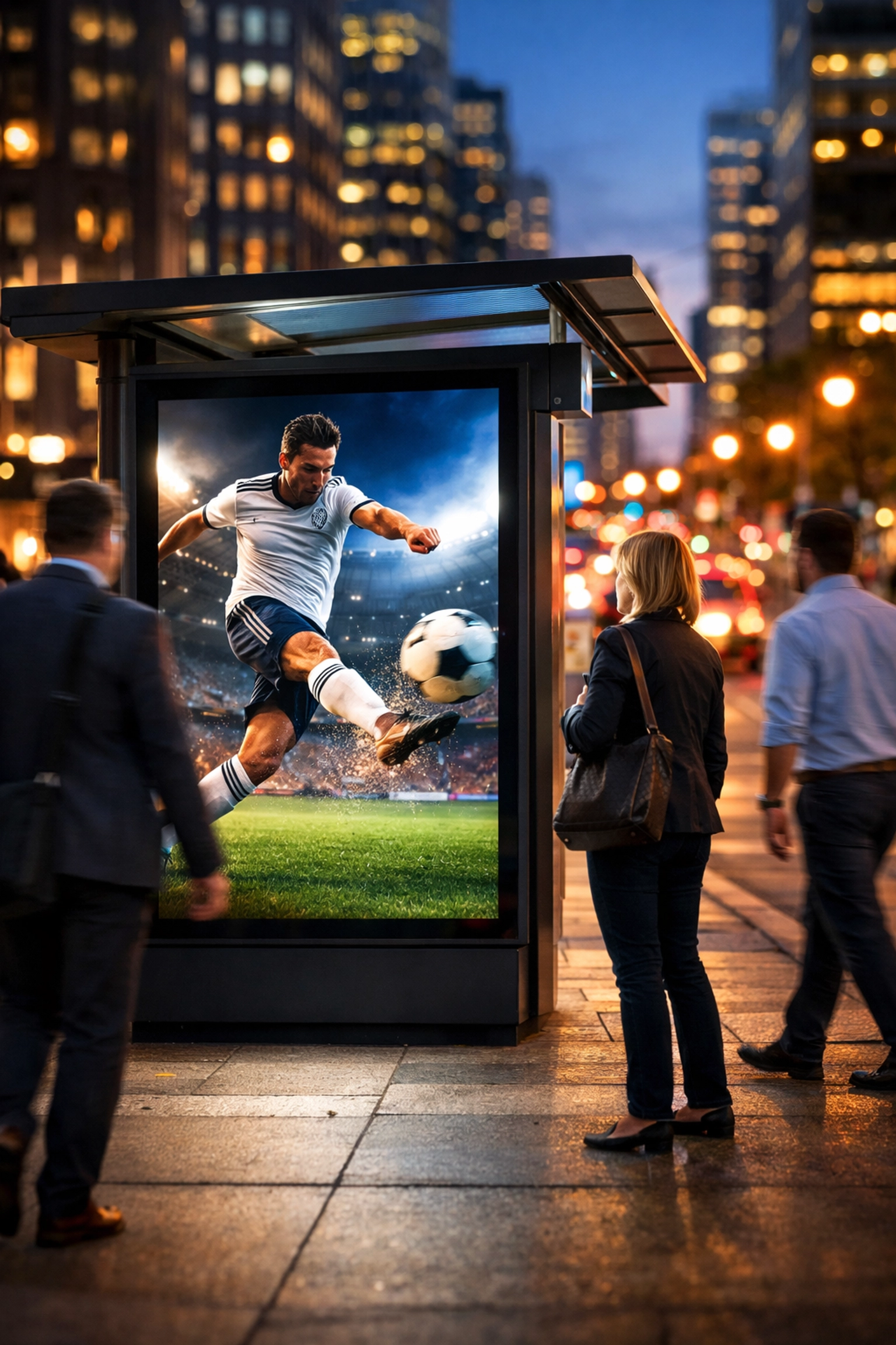 Digital bus shelter advertising displaying a soccer match in a busy urban area at twilight.