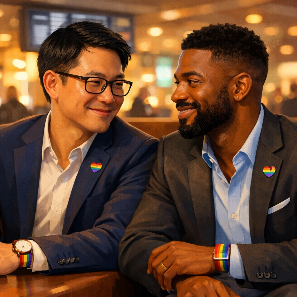 Two gay professionals connecting in modern airport lounge with rainbow accessories