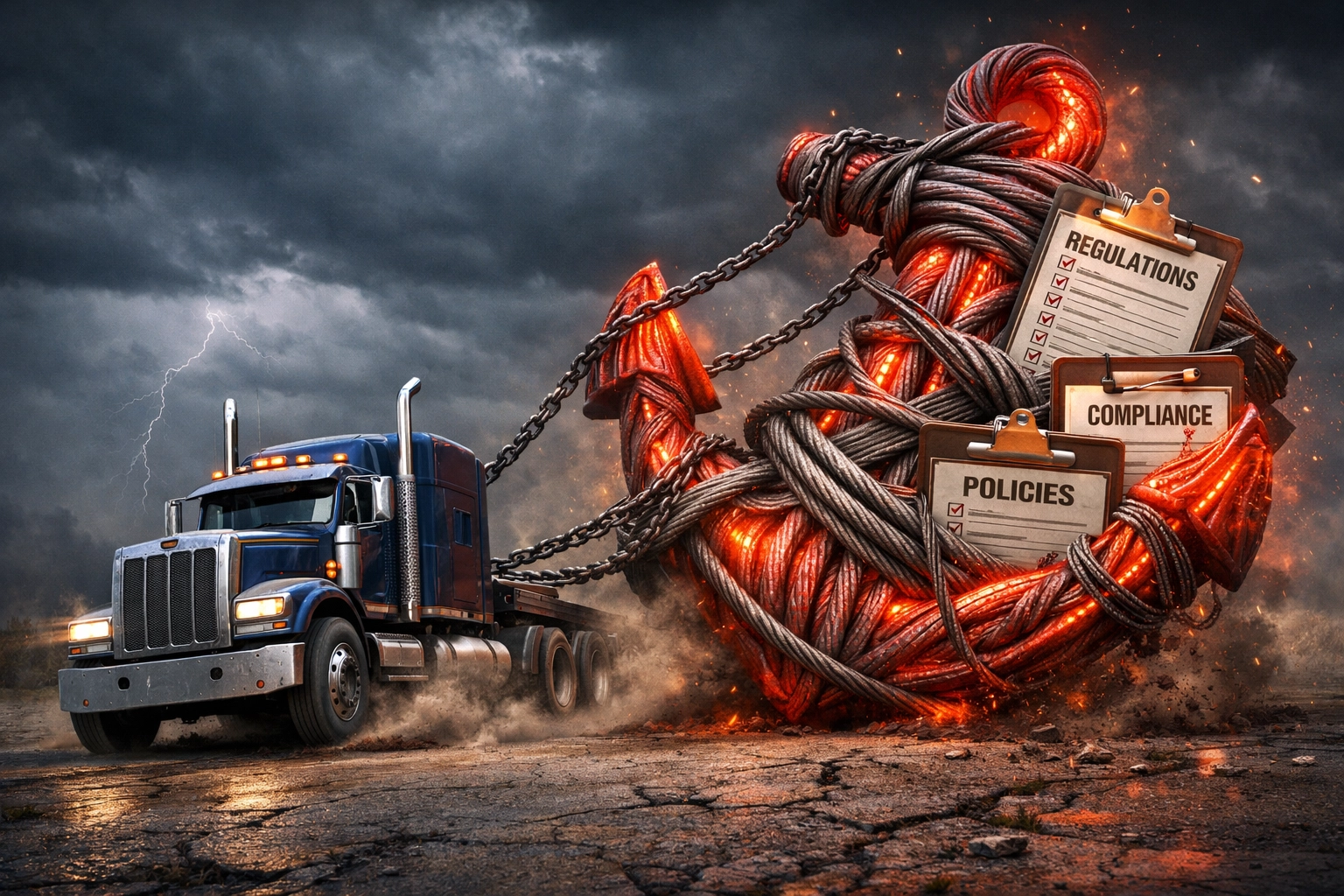 Semi-truck pulling a heavy anchor made of clipboards, symbolizing the burden of FMCSA compliance and audits.