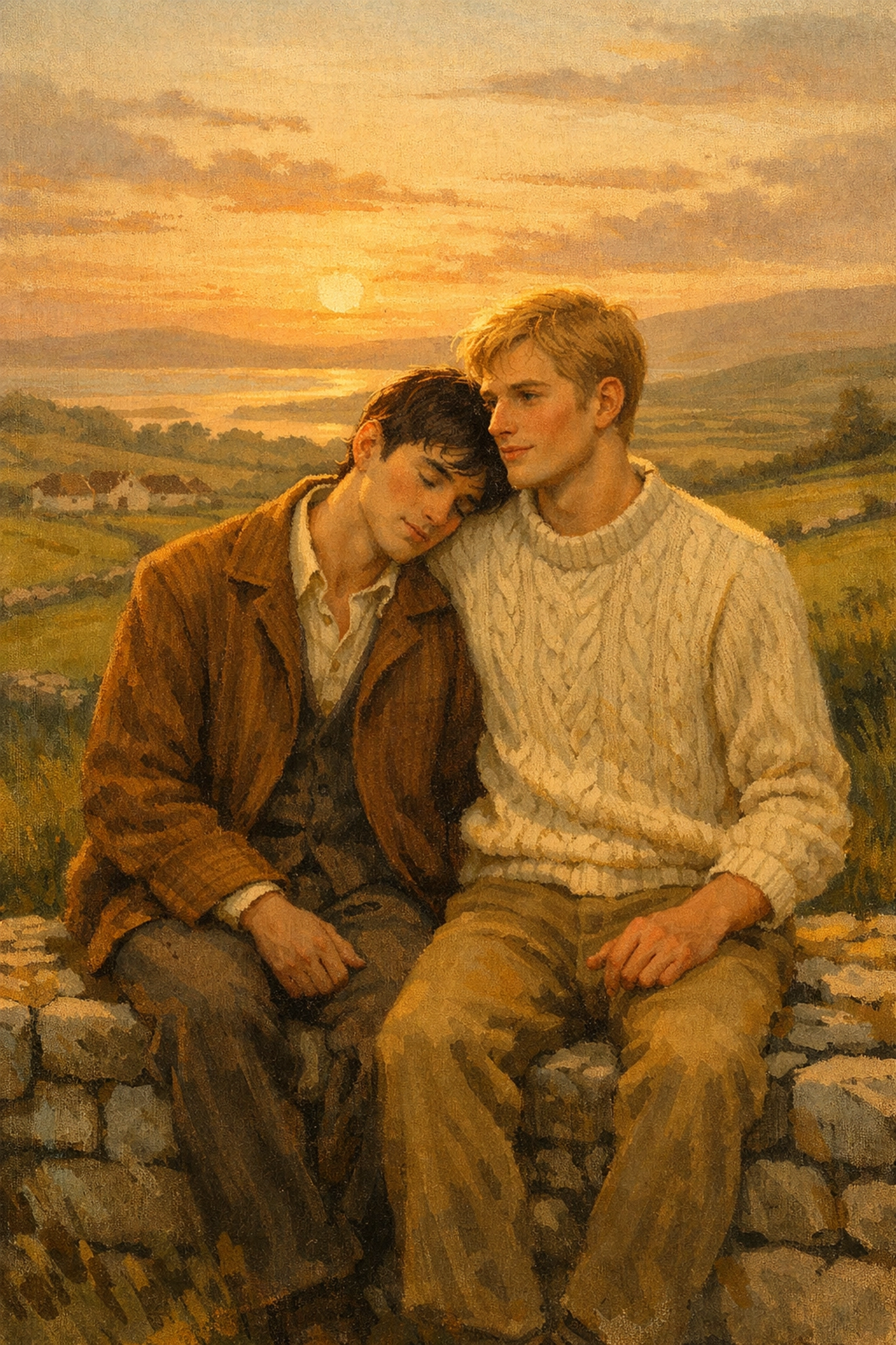 Two young men share intimate moment on Irish countryside wall - gay historical romance