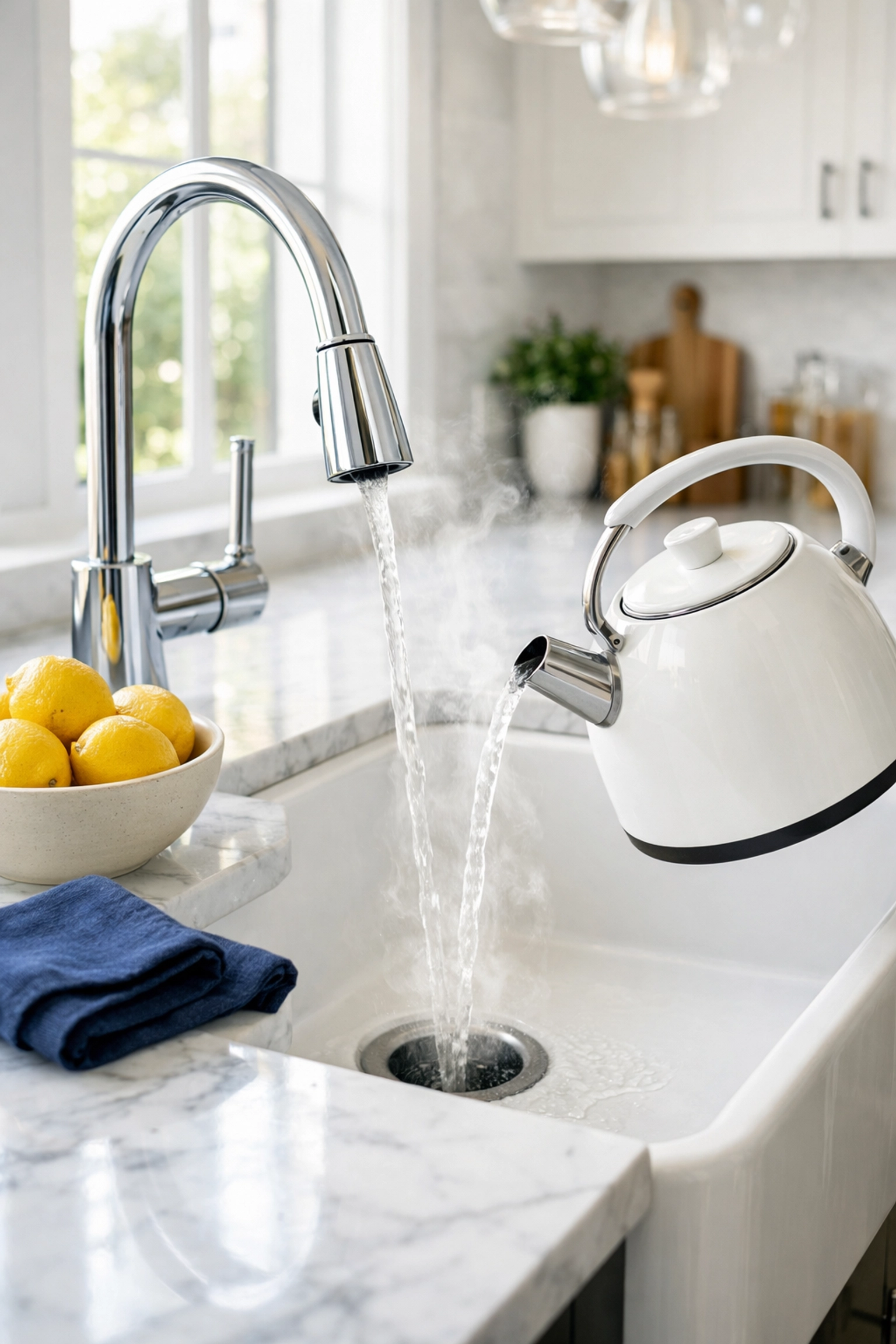 Pouring boiling water into a kitchen sink for natural, clog-free drain maintenance.