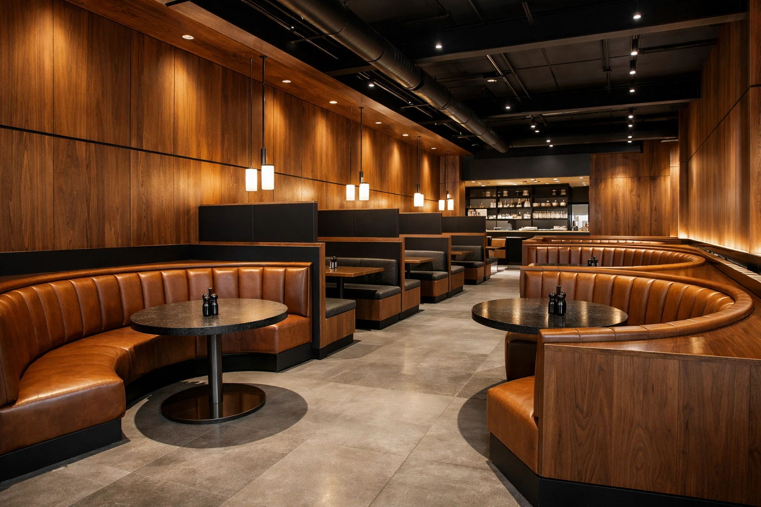 Custom walnut booths and leather banquette seating in a modern restaurant, demonstrating expert hospitality FF&E procurement.