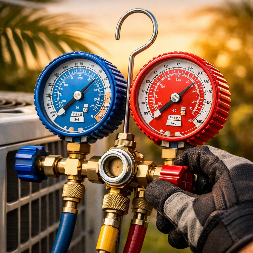Licensed technician using manifold gauges for a refrigerant leak repair and AC diagnostic in Florida.