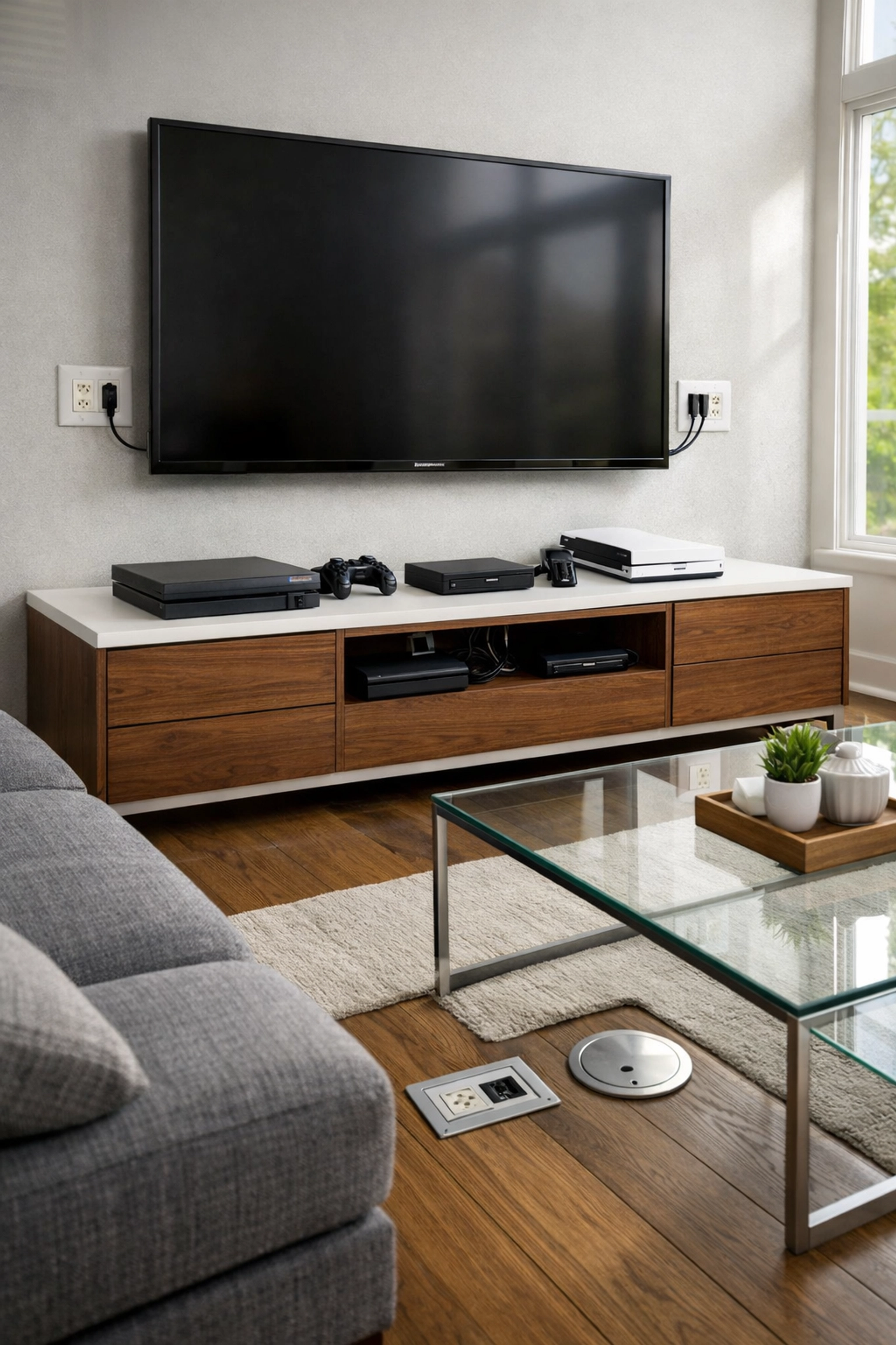 Living room entertainment center with wall-mounted TV and floor outlets for organized cable management