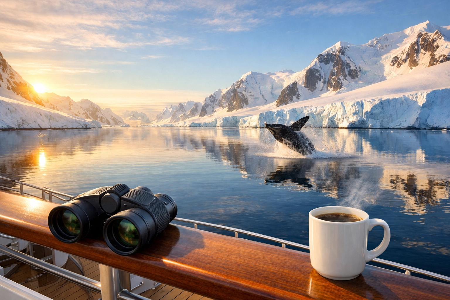 Luxury Antarctica expedition cruise deck overlooking a whale breaching near blue glaciers.