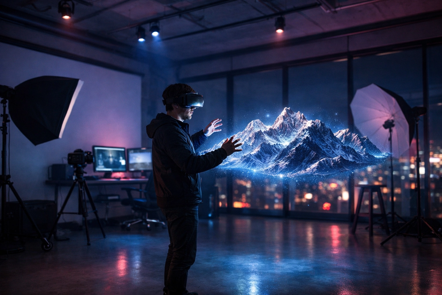 A photographer using VR and AI photo editing tools to manipulate images in a 3D space.
