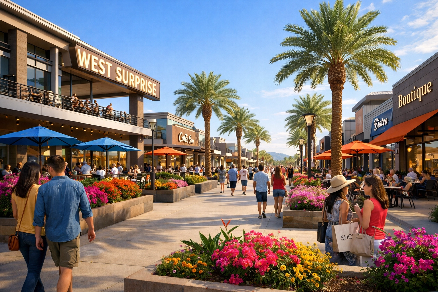 Bustling retail and dining center at Prasada, a popular lifestyle hub in West Surprise Arizona. Bustling retail and dining center at Prasada, a popular lifestyle hub in West Surprise Arizona.