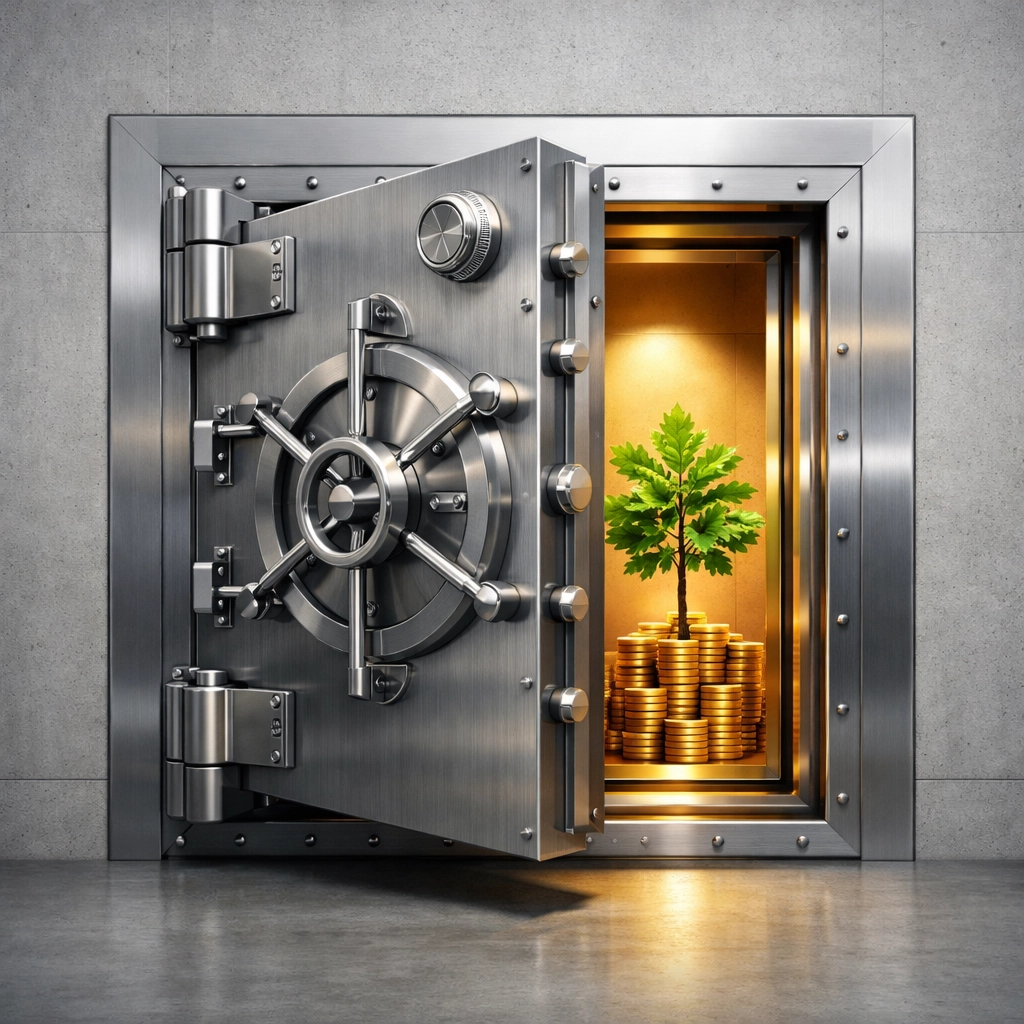 Secure vault door opening to reveal wealth growth and capital protection through Infinite Banking strategies.