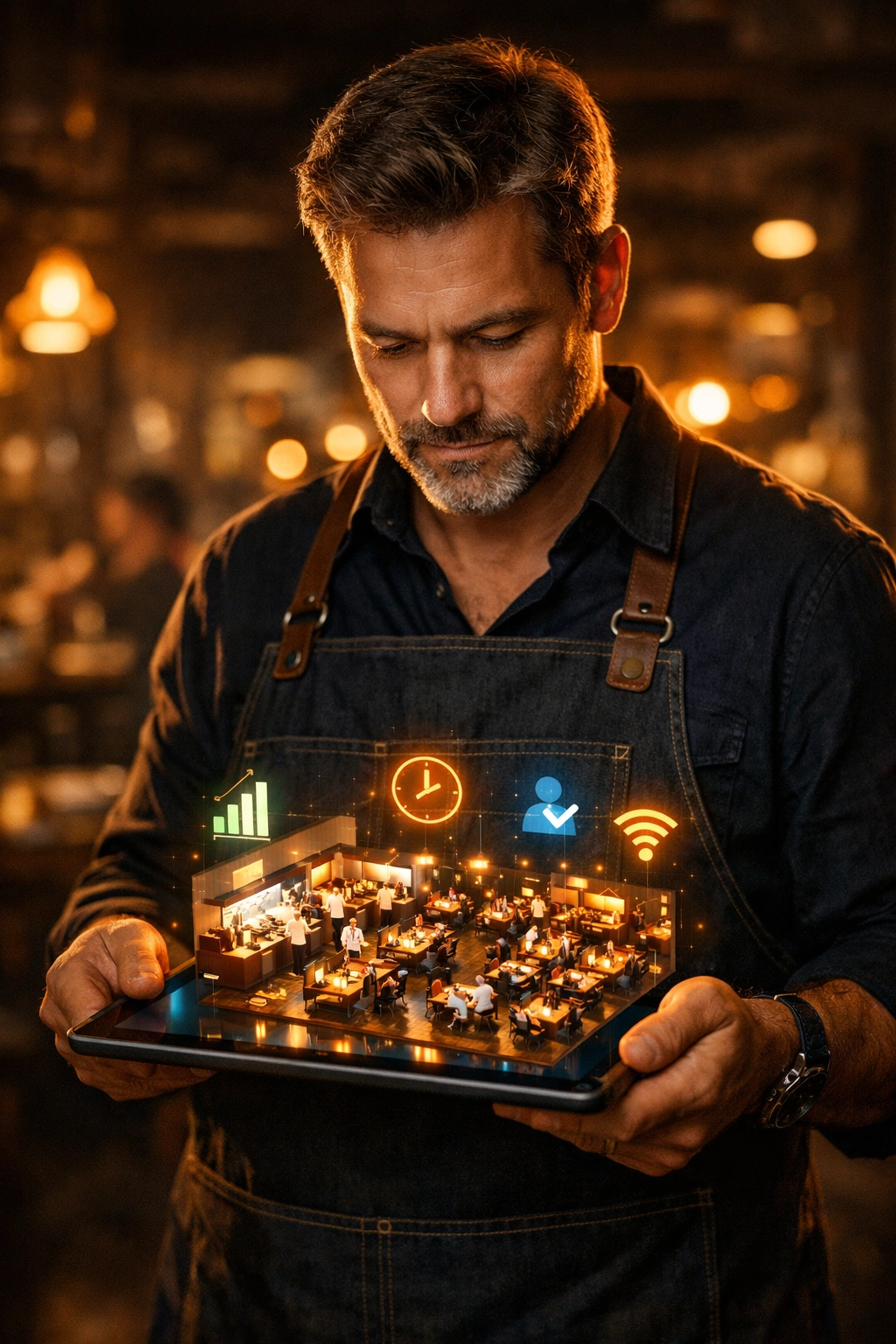 Professional restaurateur using a tablet to monitor real-time dining room performance and efficiency data.