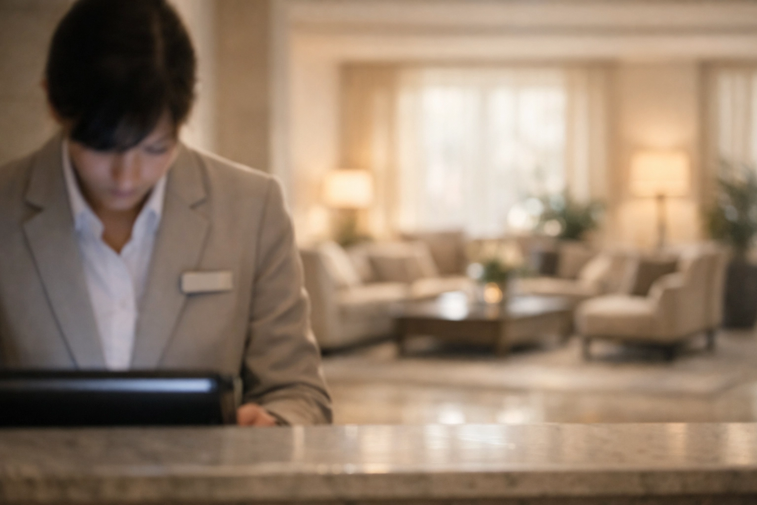 A hotel receptionist distracted by outdated software while guests wait in a modern lobby.