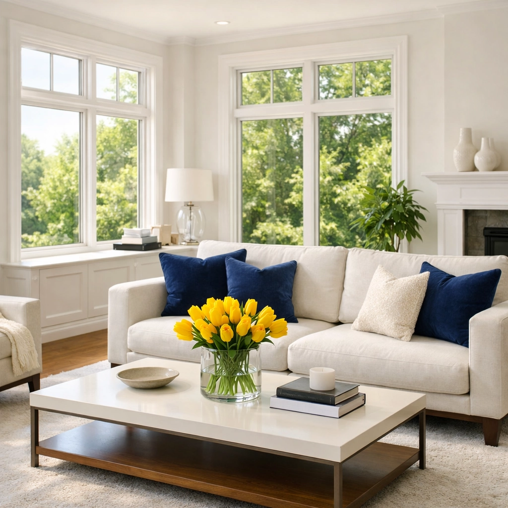 A clean and tidy living room in Maynard highlighting professional bi-weekly house cleaning services.