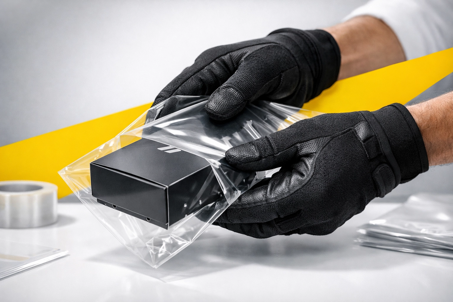 Professional poly-bagging and product preparation at an efficient Amazon FBA prep service workstation.