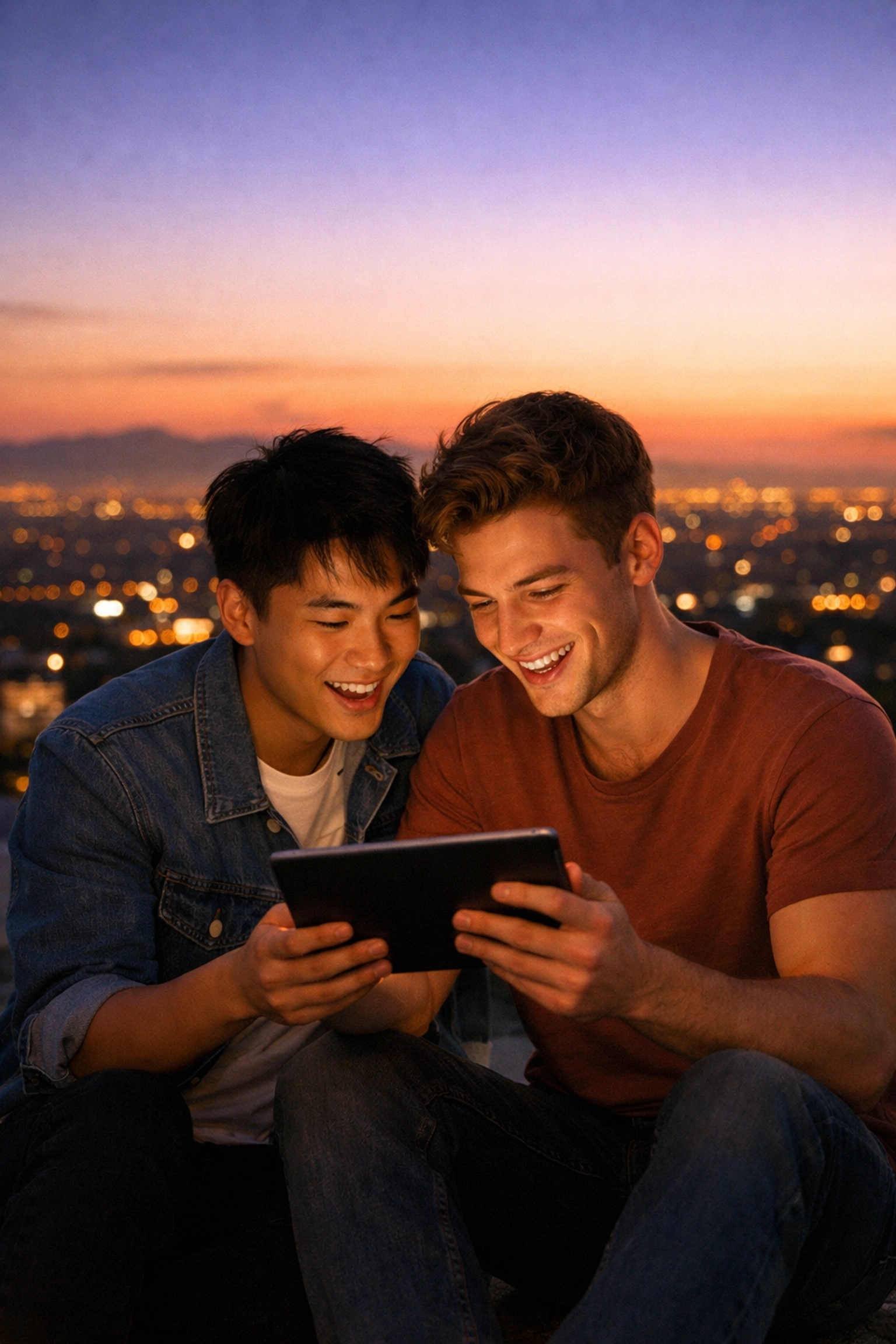 Two men sharing ebooks on tablet with city skyline representing worldwide gay romance readers