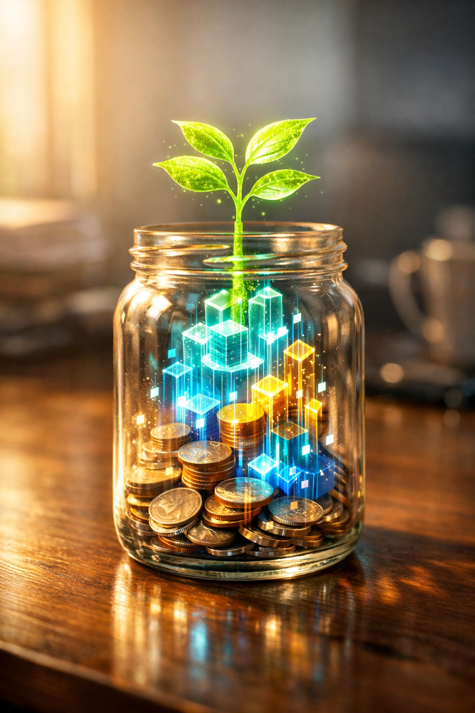 Coins in a jar transforming into digital growth and a sapling, representing building wealth through micro-investing.