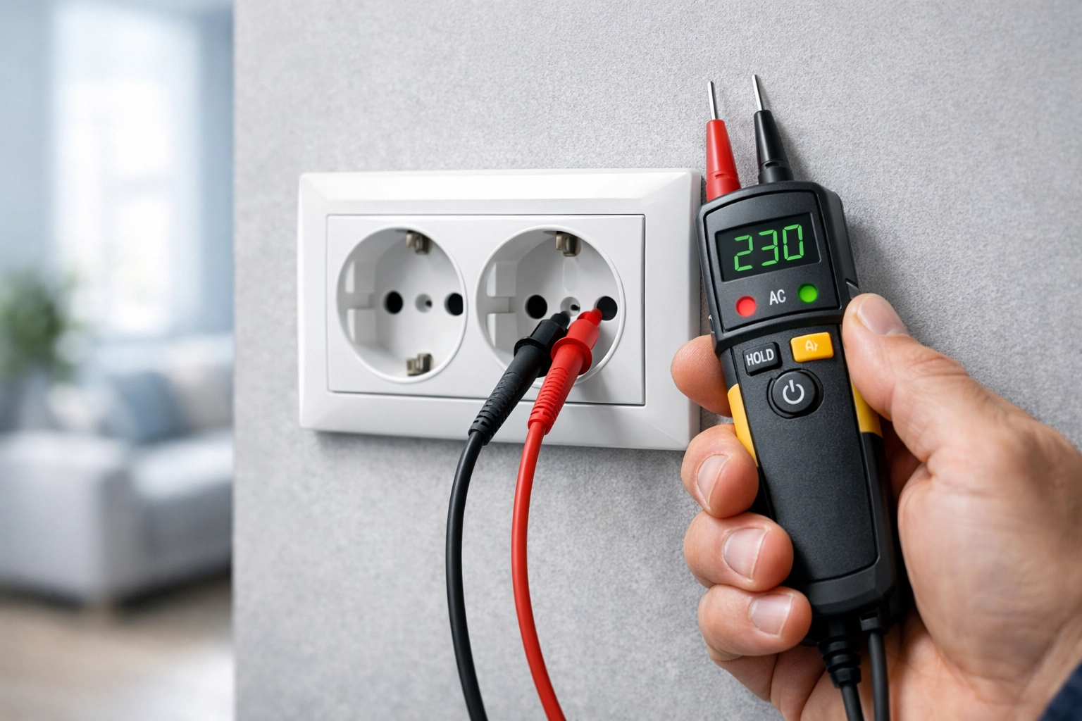 Professional electrician testing a modern wall socket for electrical safety in a Poole home.