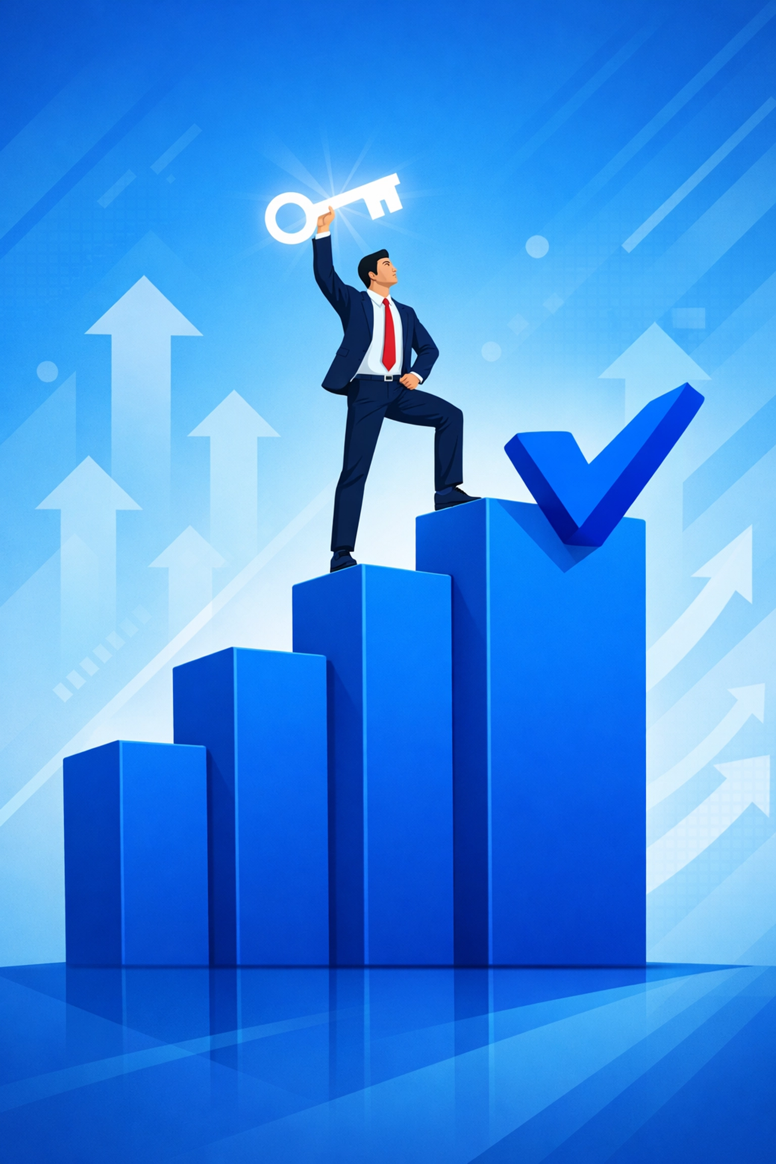 A professional figure on a rising bar graph symbolizing business growth and trust through robust cybersecurity.