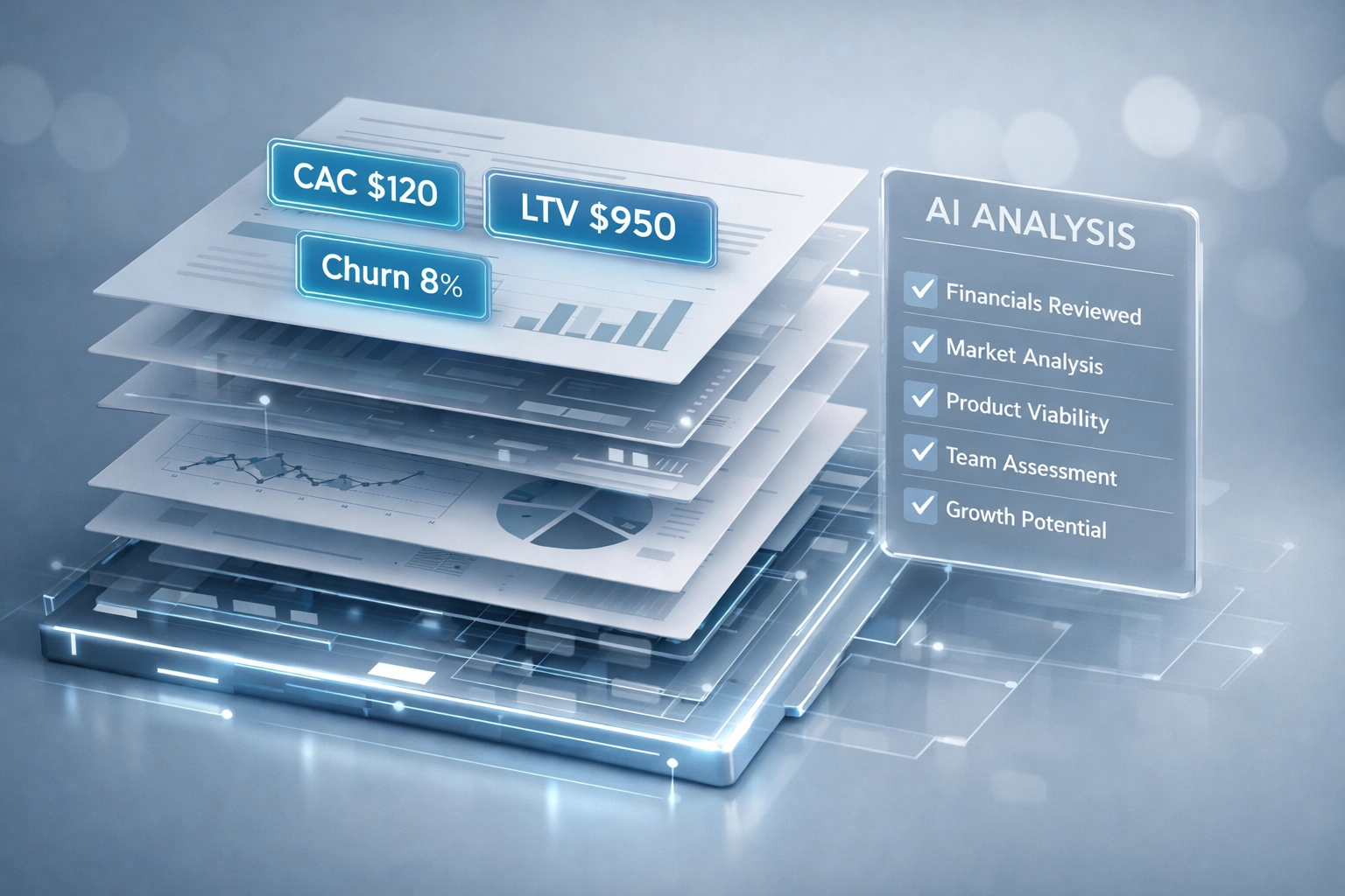 Futuristic 3D visualization of AI-driven screening extracting metrics (CAC, LTV, churn) from a pitch deck with a verification checklist overlay.