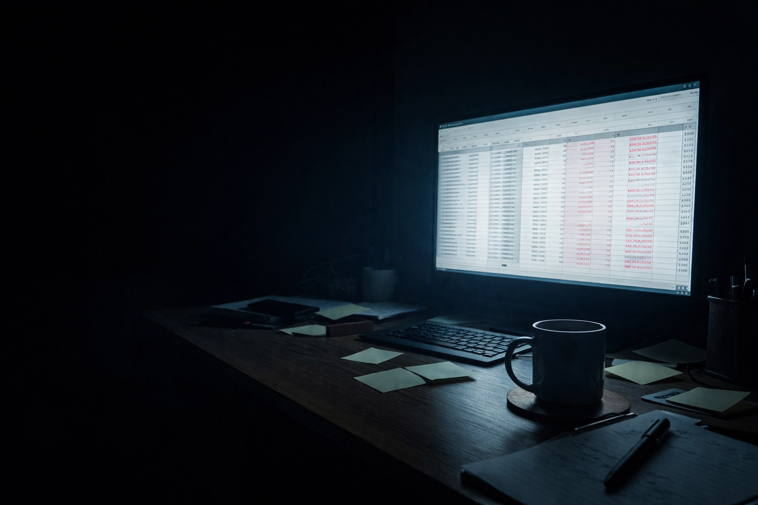 Startup founder's desk at night with screen showing poor contract SDR outbound results
