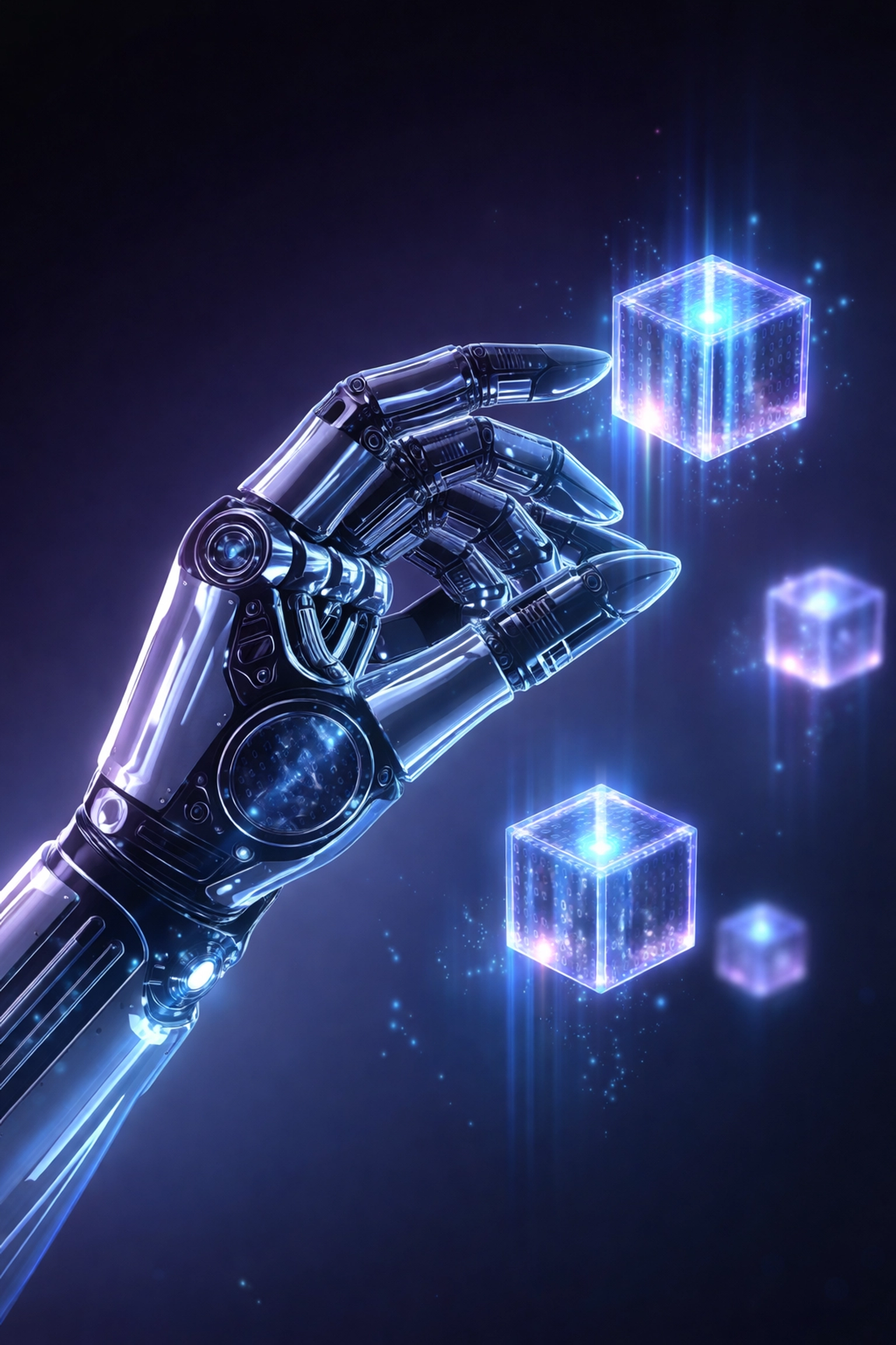 Futuristic robotic arm managing glowing data cubes, symbolizing AI-powered RPA automation and intelligent workflow decisions.