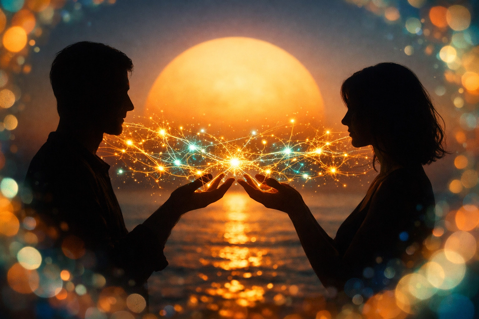 Figures connecting through light to illustrate co-regulation and the nervous system healing process.