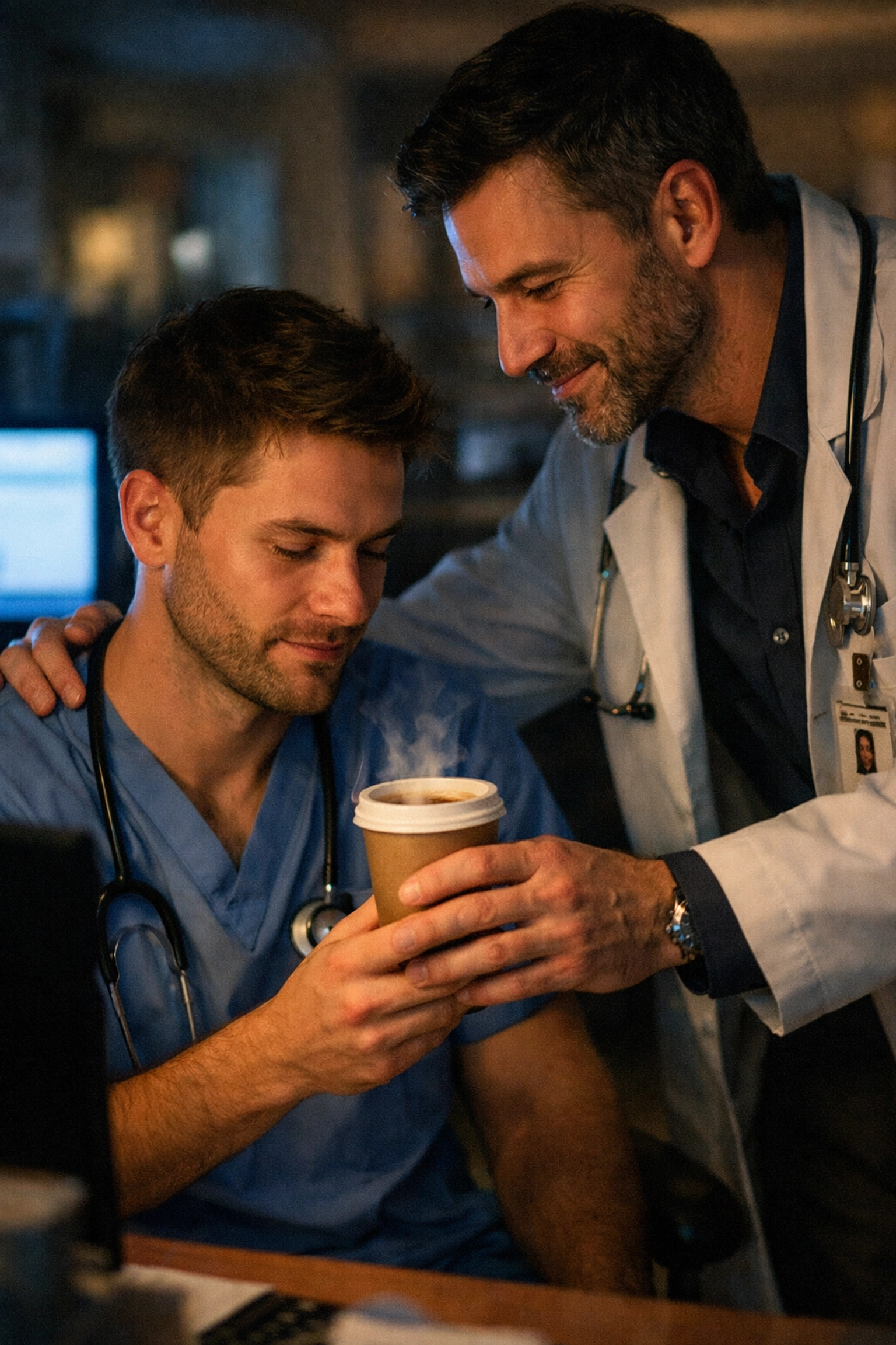 A doctor shares a moment of quiet intimacy with a nurse during a hospital night shift.