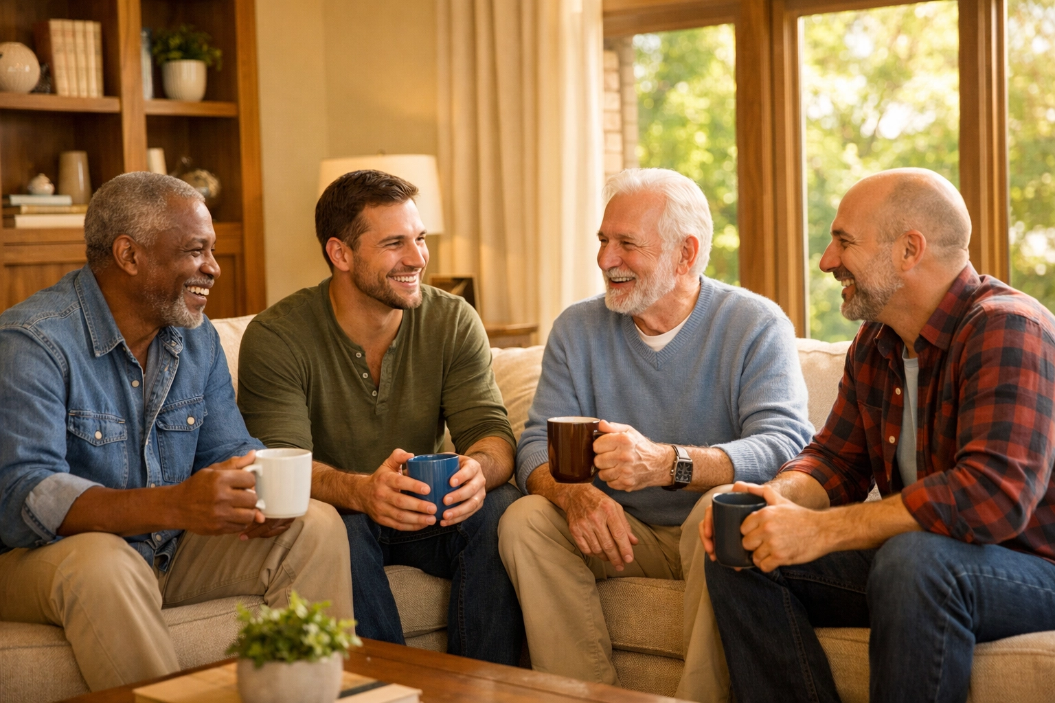 A group of men enjoying a conversation in the supportive community living room at Winston Place.