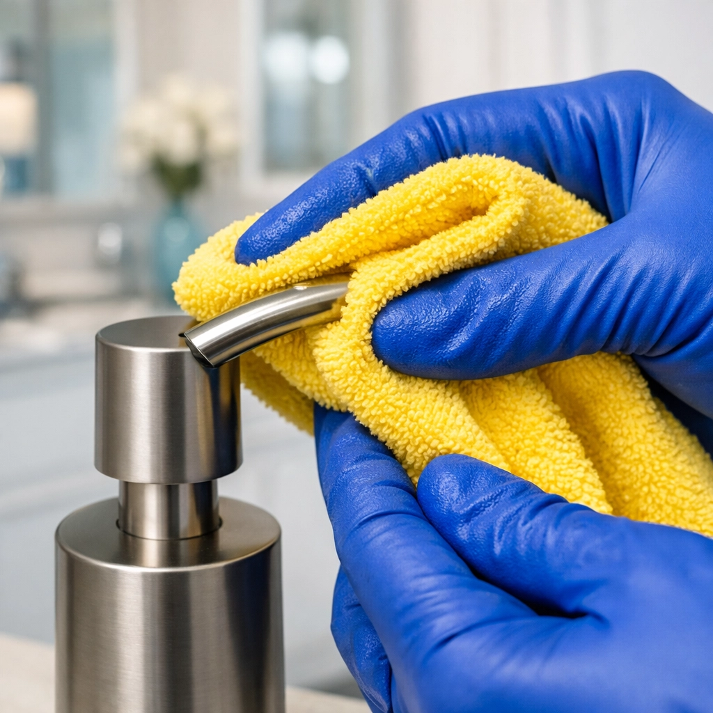Wiping a soap dispenser nozzle with a microfiber cloth for a germ-free bathroom.