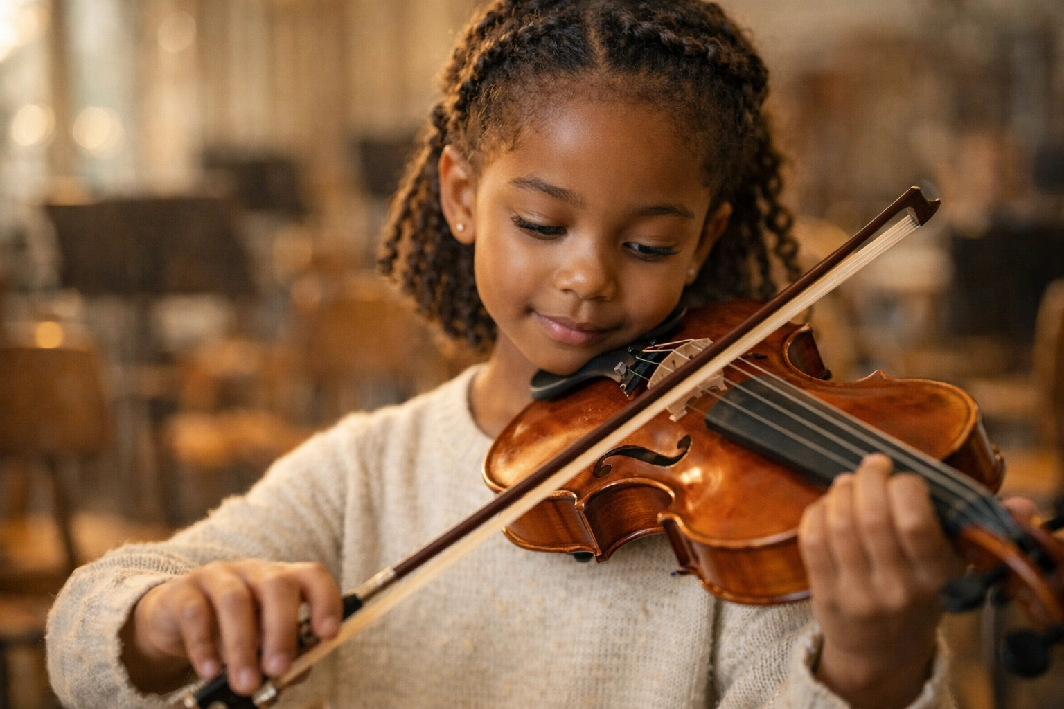 A focused young music student playing viola in an orchestra room, highlighting the power of musical community.
