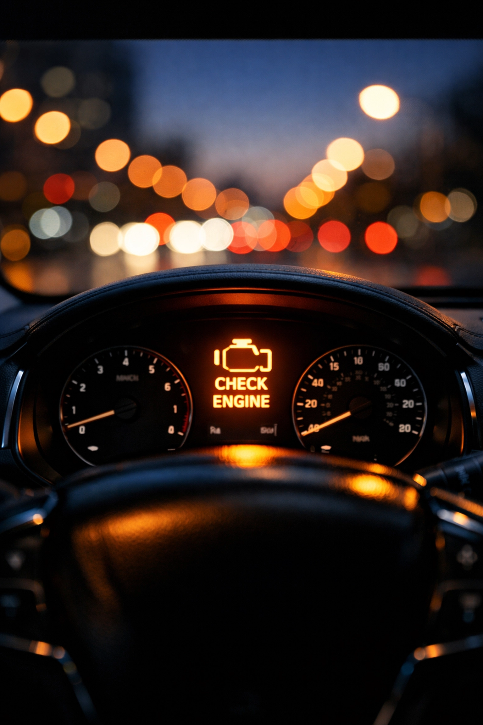 Illuminated check engine light on a dashboard signaling the need for auto repair in Garland, TX.