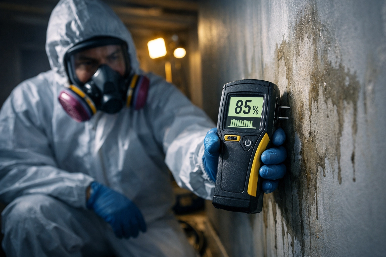 Professional water damage technician using moisture meter on damaged basement wall
