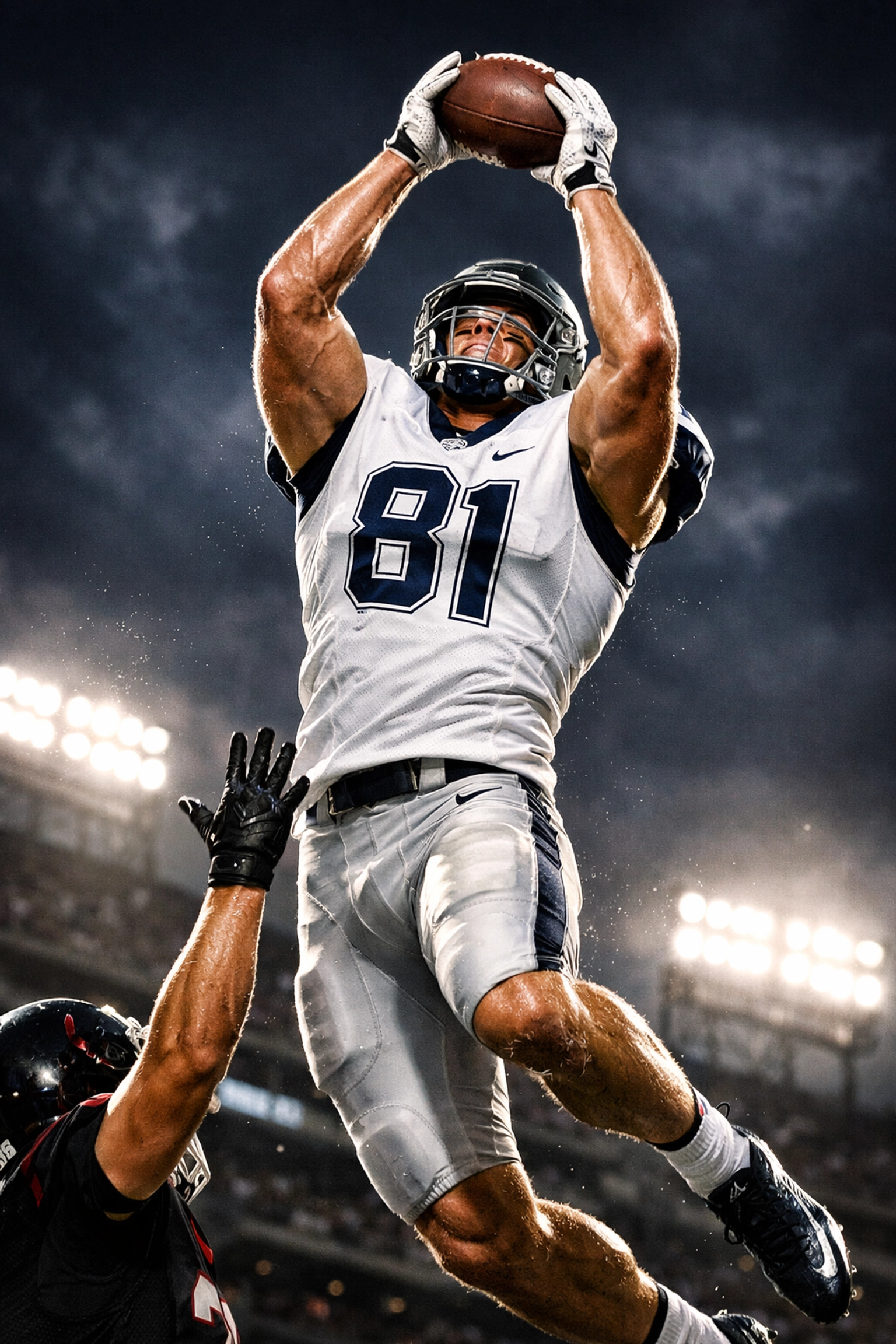 UConn tight end Louis Hansen #81 makes a leaping high-point catch, demonstrating his elite NFL Draft prospect athleticism.