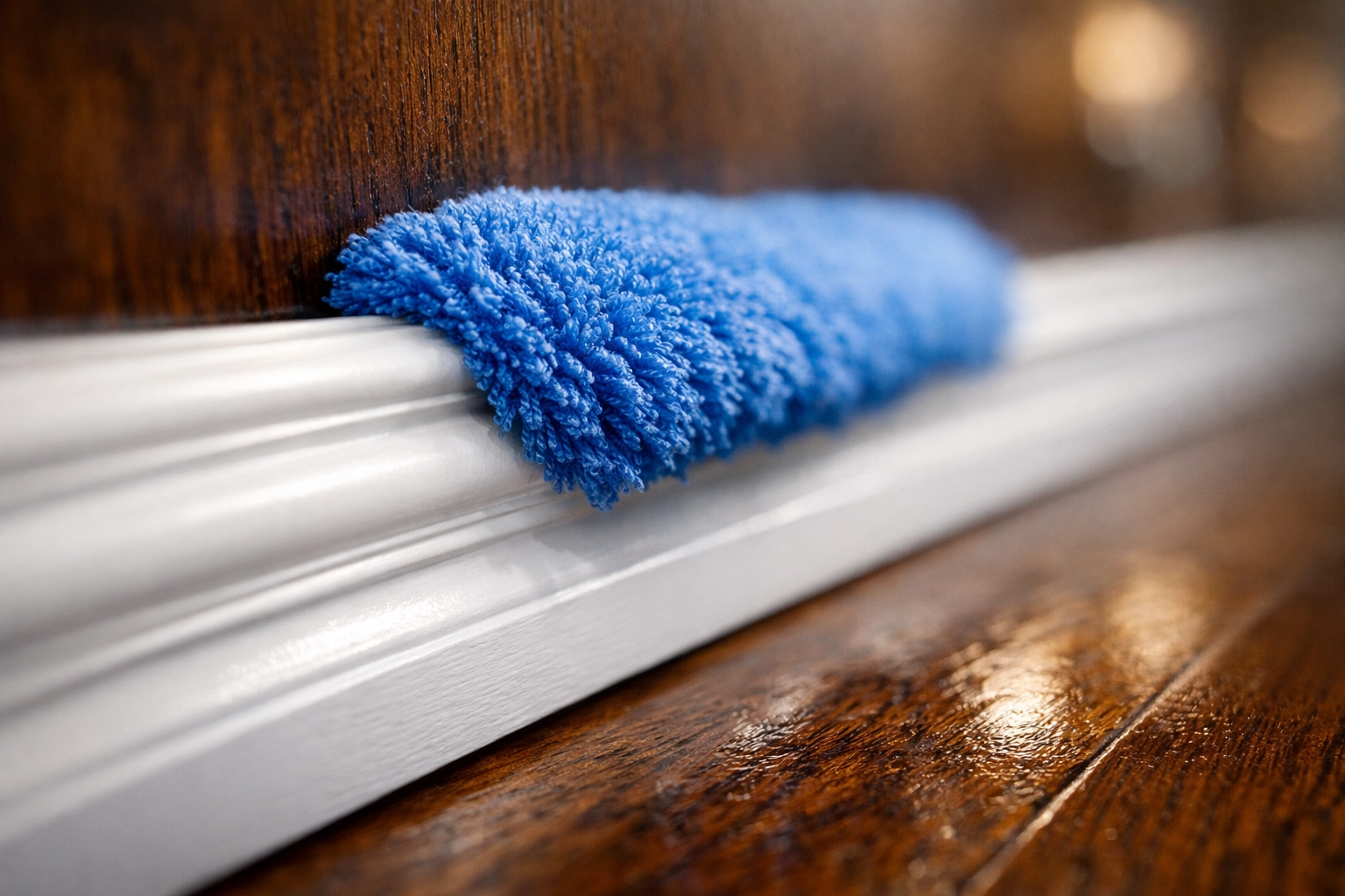 Removing dust from white baseboards during a professional deep cleaning service in a Massachusetts home.