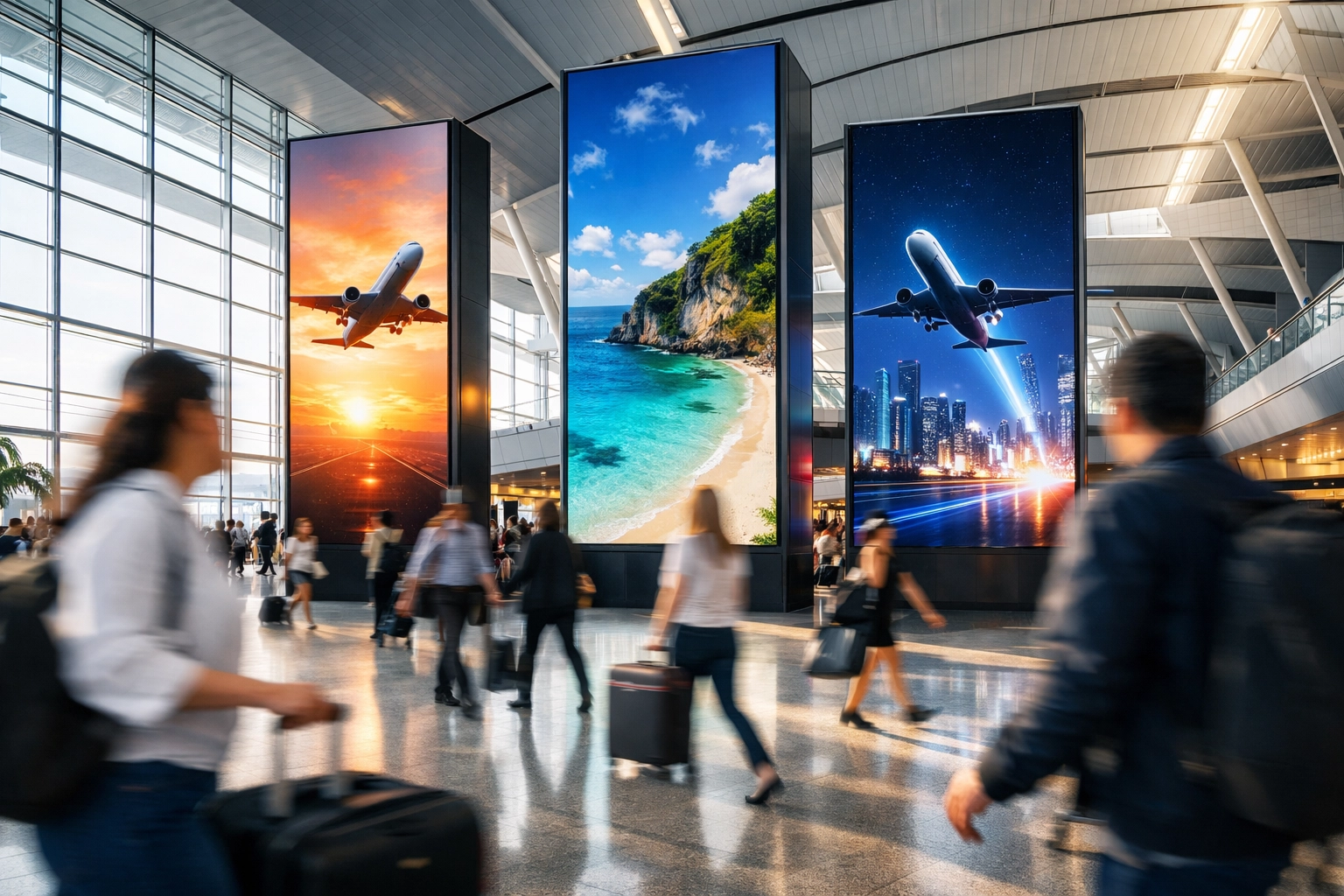 Dakdan Worldwide digital signage in a modern airport terminal driving sponsorship revenue.