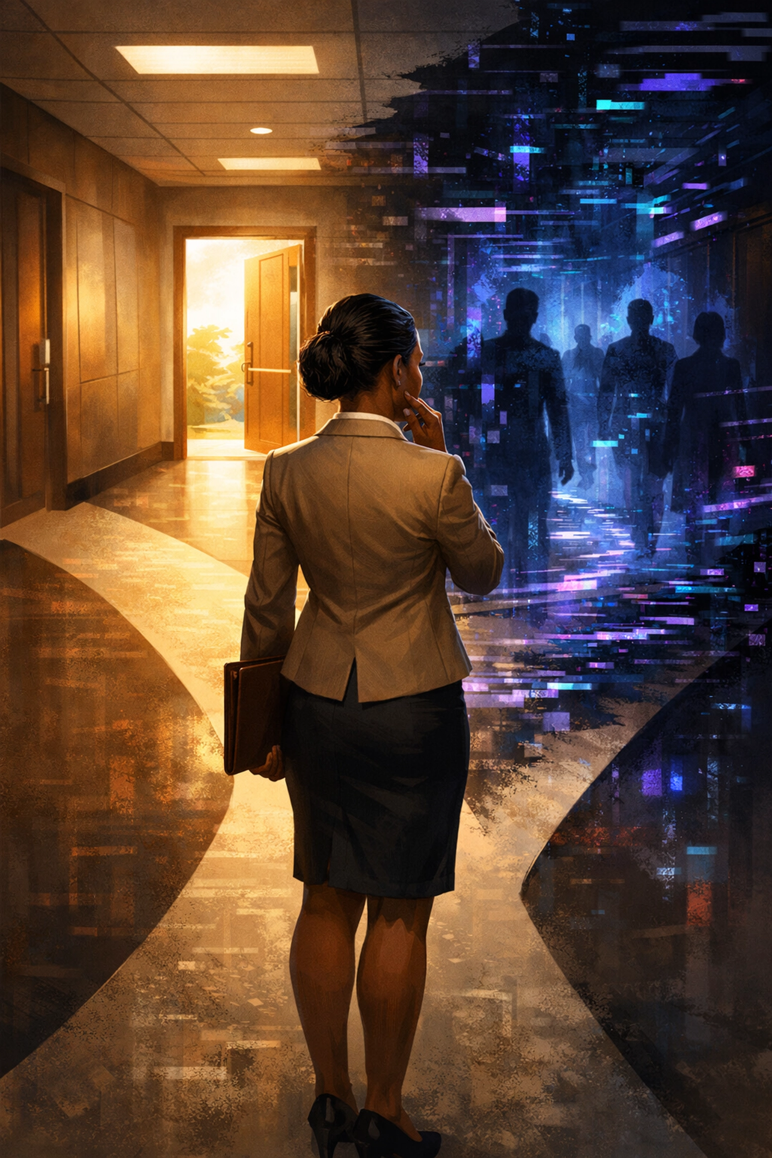 Business leader at crossroads facing ethical decision between clear path and fragmented digital chaos