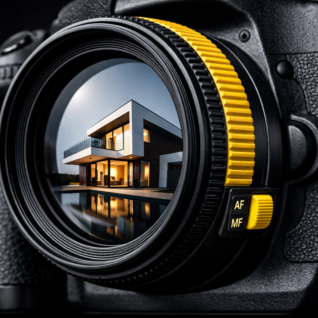 Professional camera lens reflecting a modern house for high-quality real estate photography.