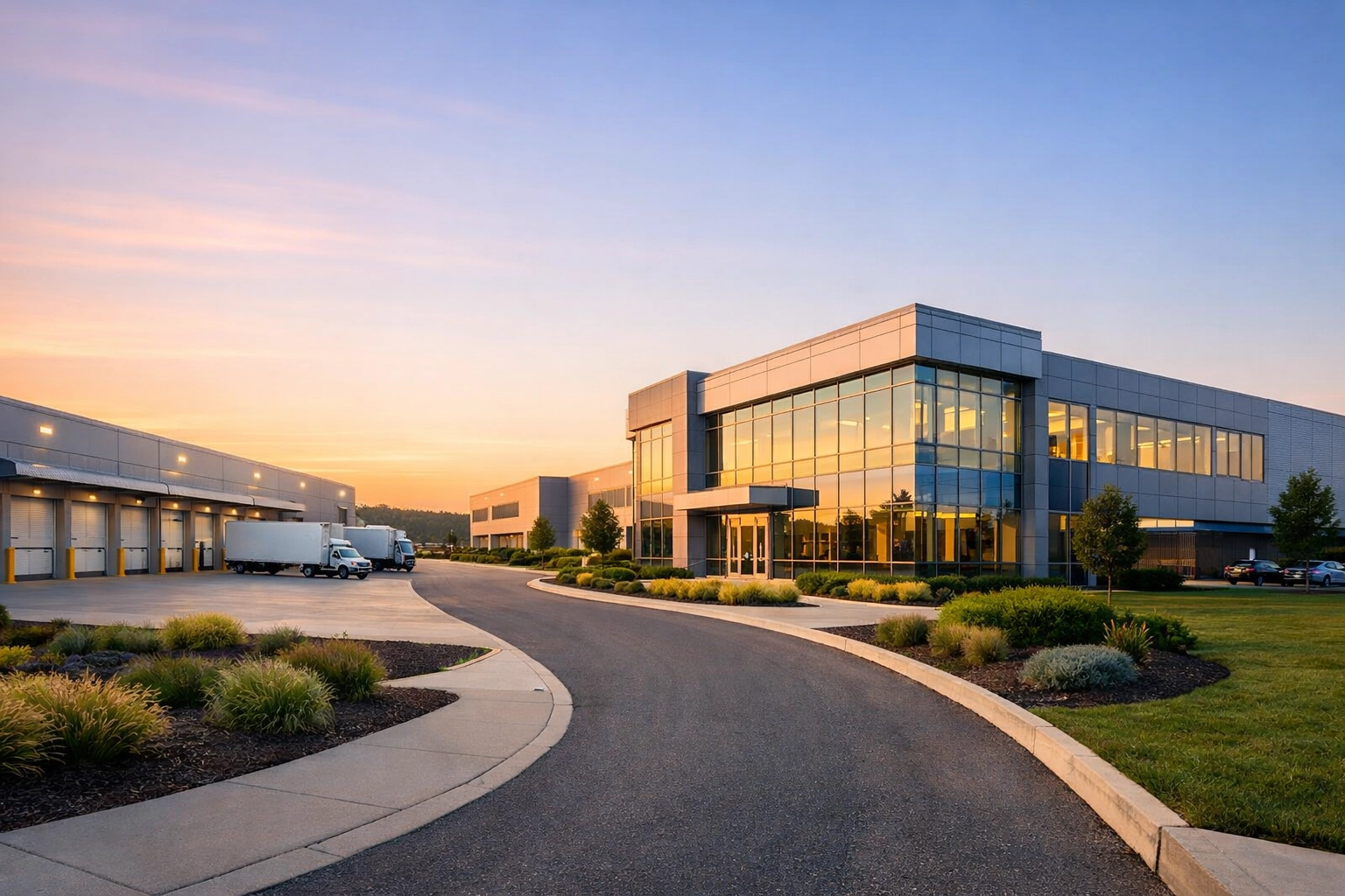 A modern Connecticut industrial park at sunrise representing the resilient CT manufacturing sector.