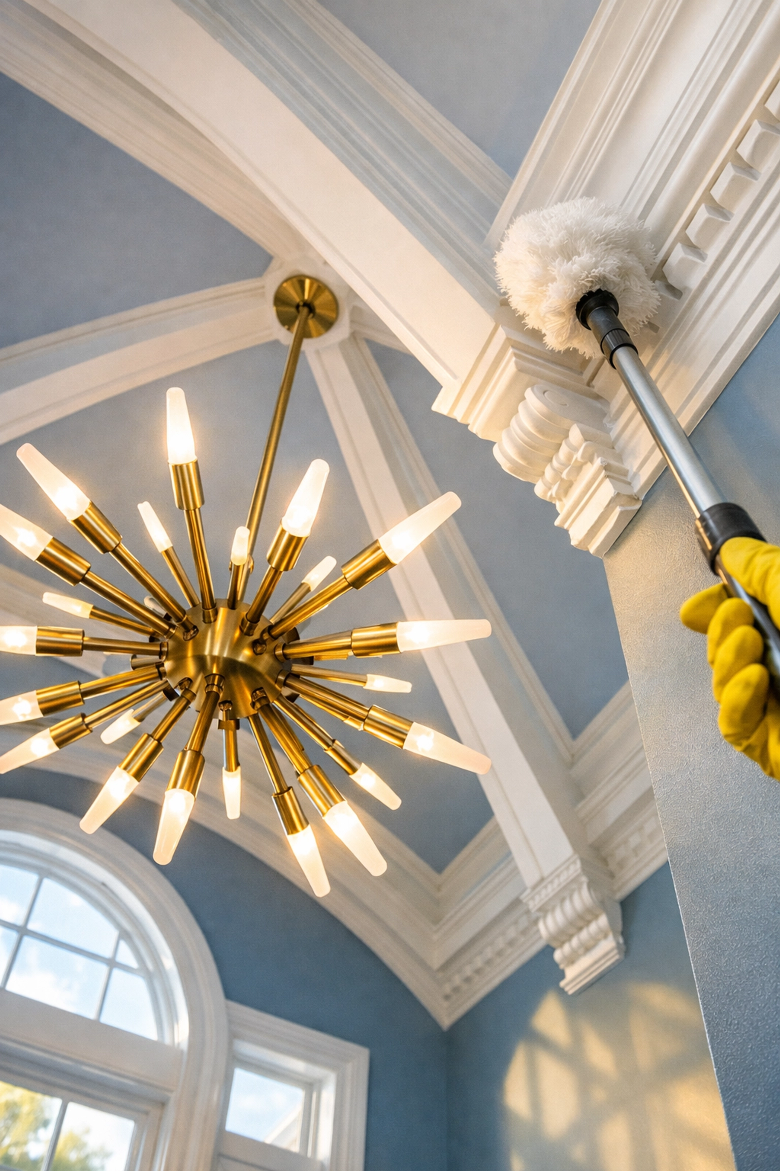 Top-down deep cleaning Cambridge MA of high ceiling fixtures and elegant crown molding.